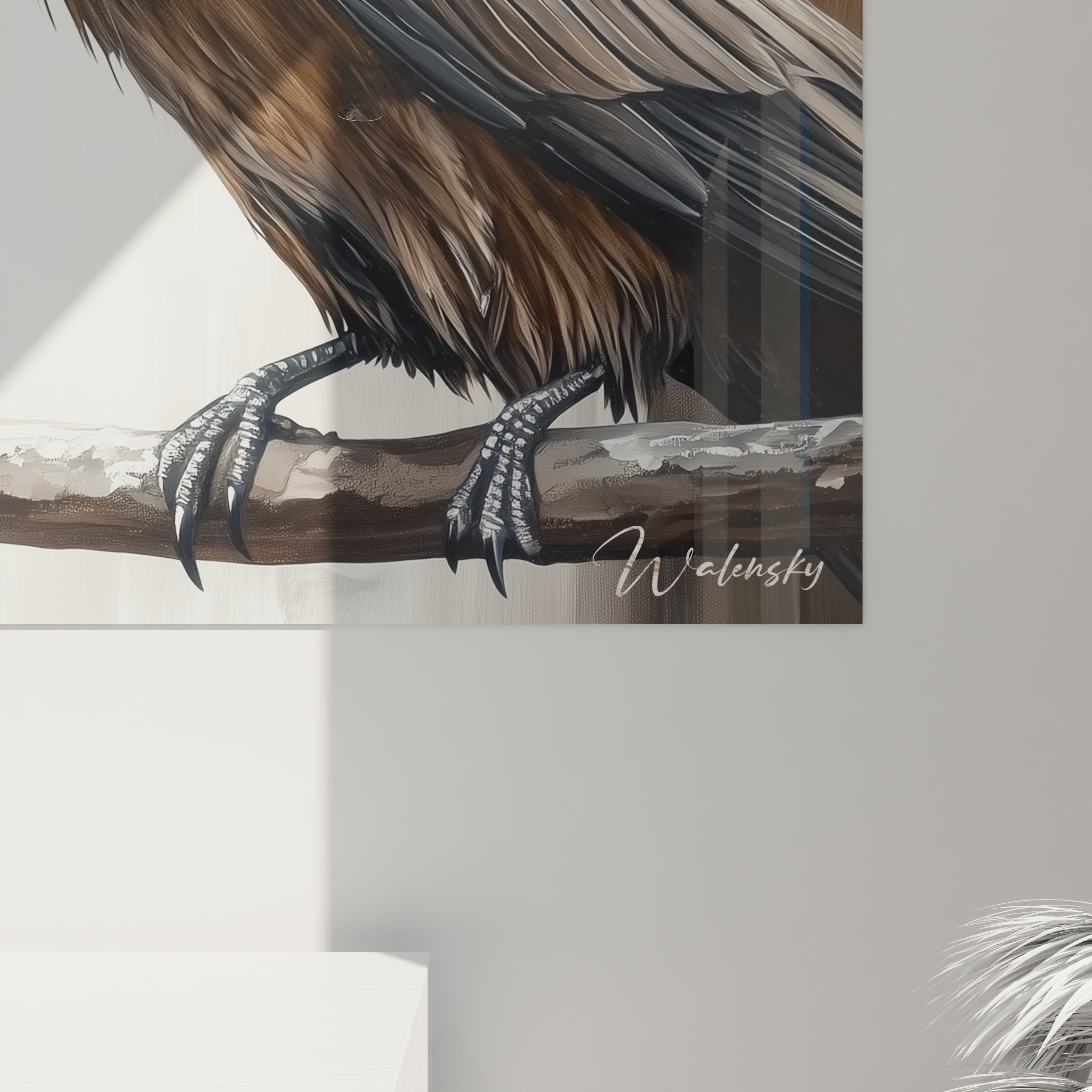 Tableau d'un corbeau sur une branche, œuvre de Walensky, avec des détails réalistes