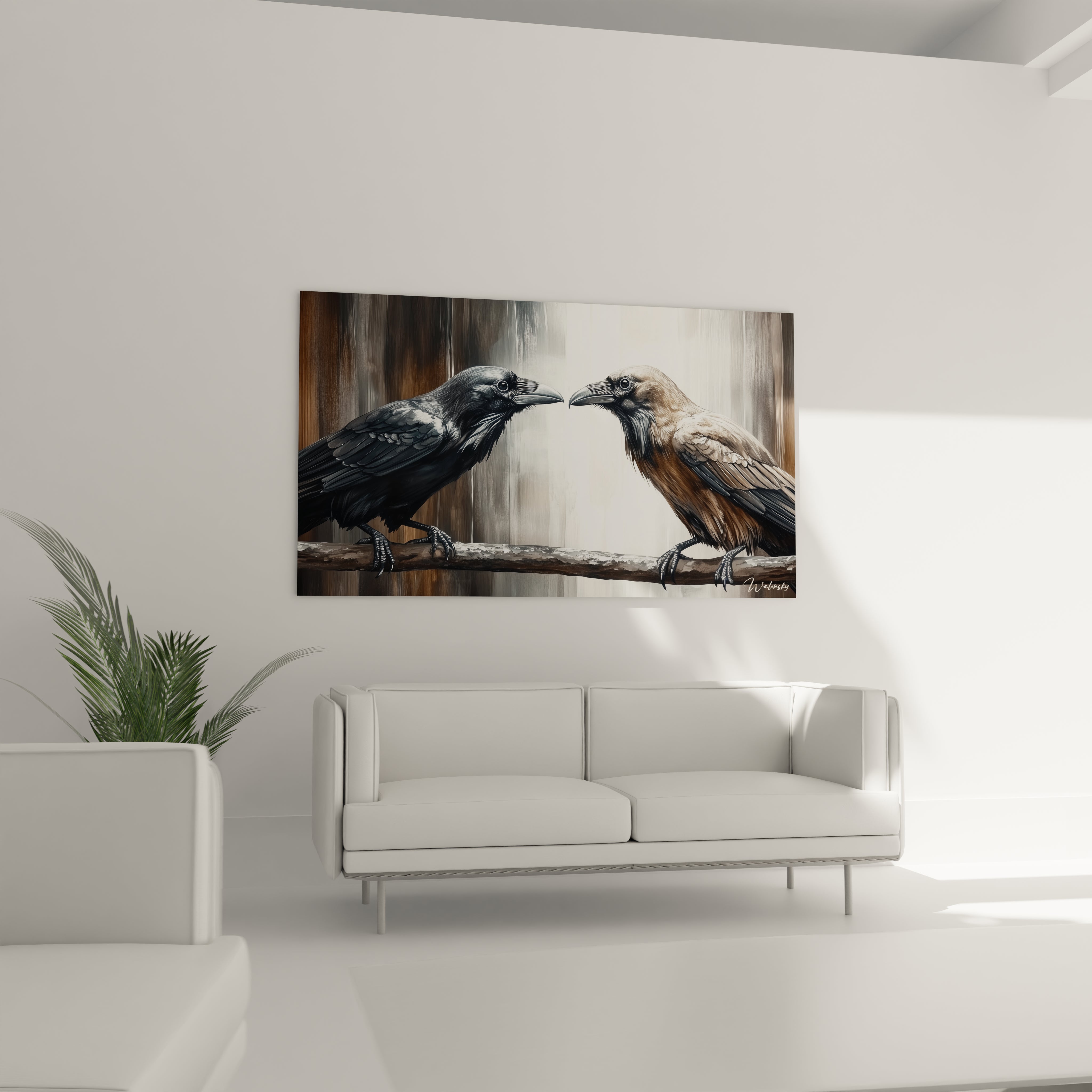 Tableau art corbeau de Walensky représentant deux corbeaux sur une branche avec style moderne