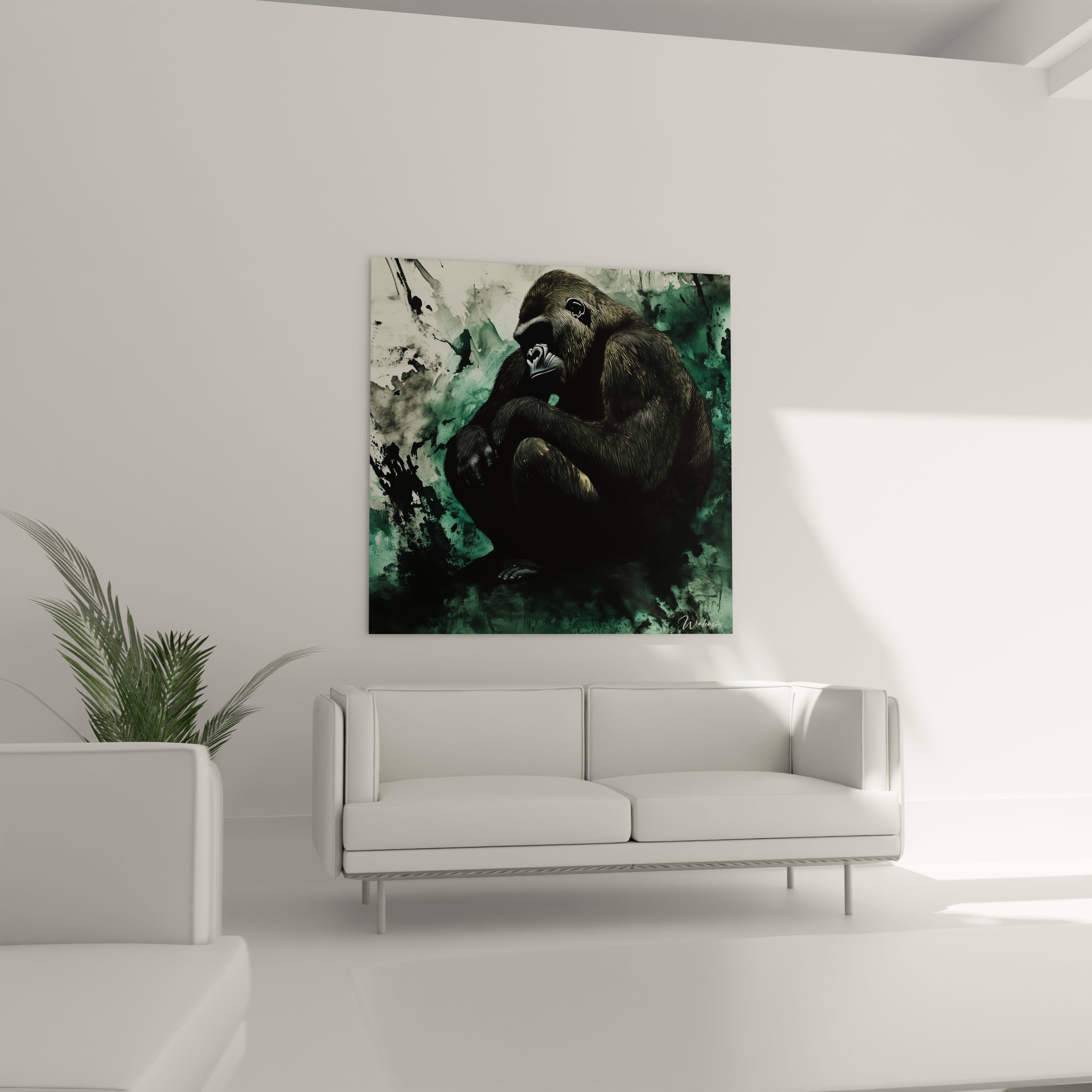Tableau gorille Walensky sur mur vert, parfait pour décorer un salon moderne