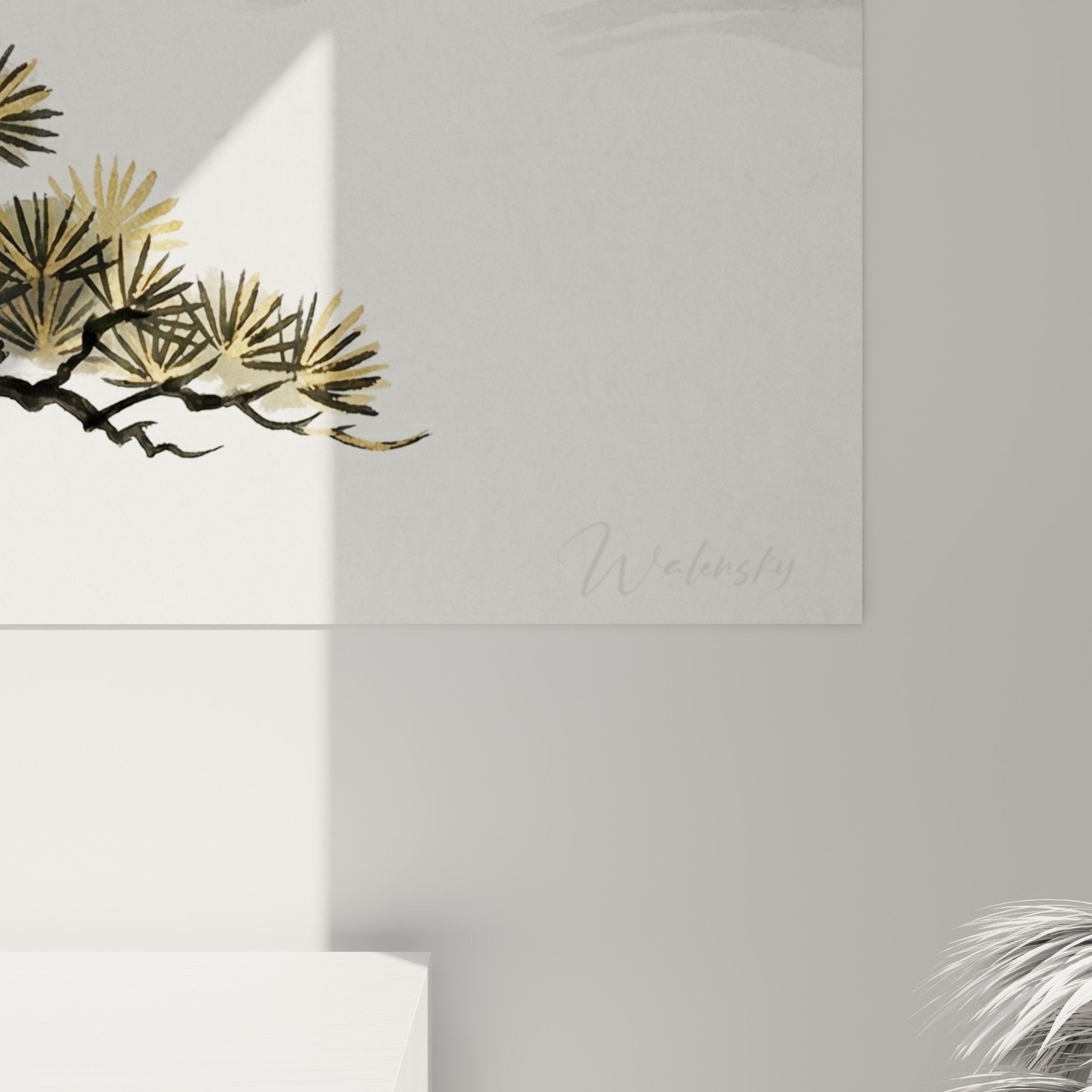 Japanese bonsai art canvas overview with tilted composition, harmonious warm and cool tones