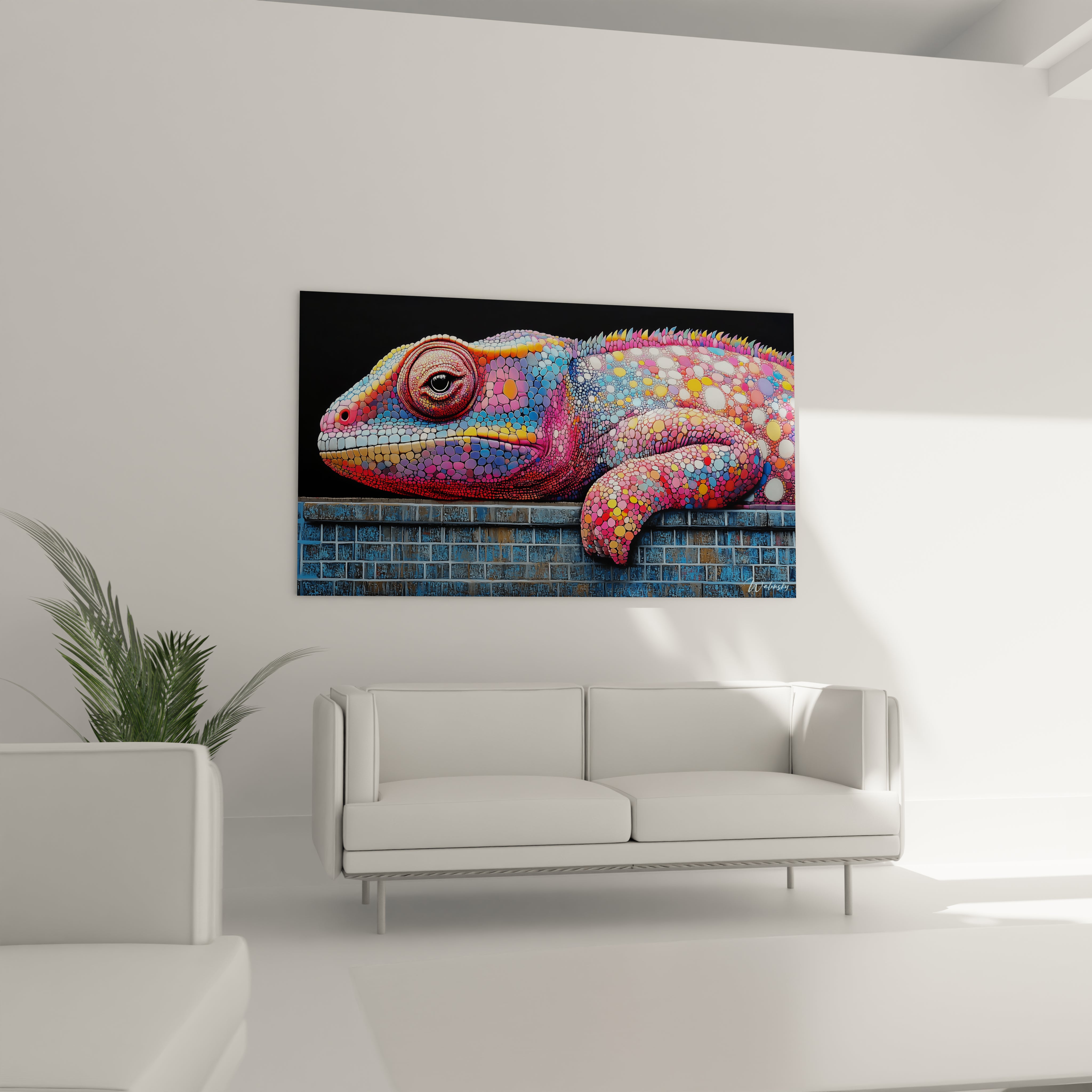 Tableau caméléon Walensky avec des couleurs vives, décoratif pour un salon moderne
