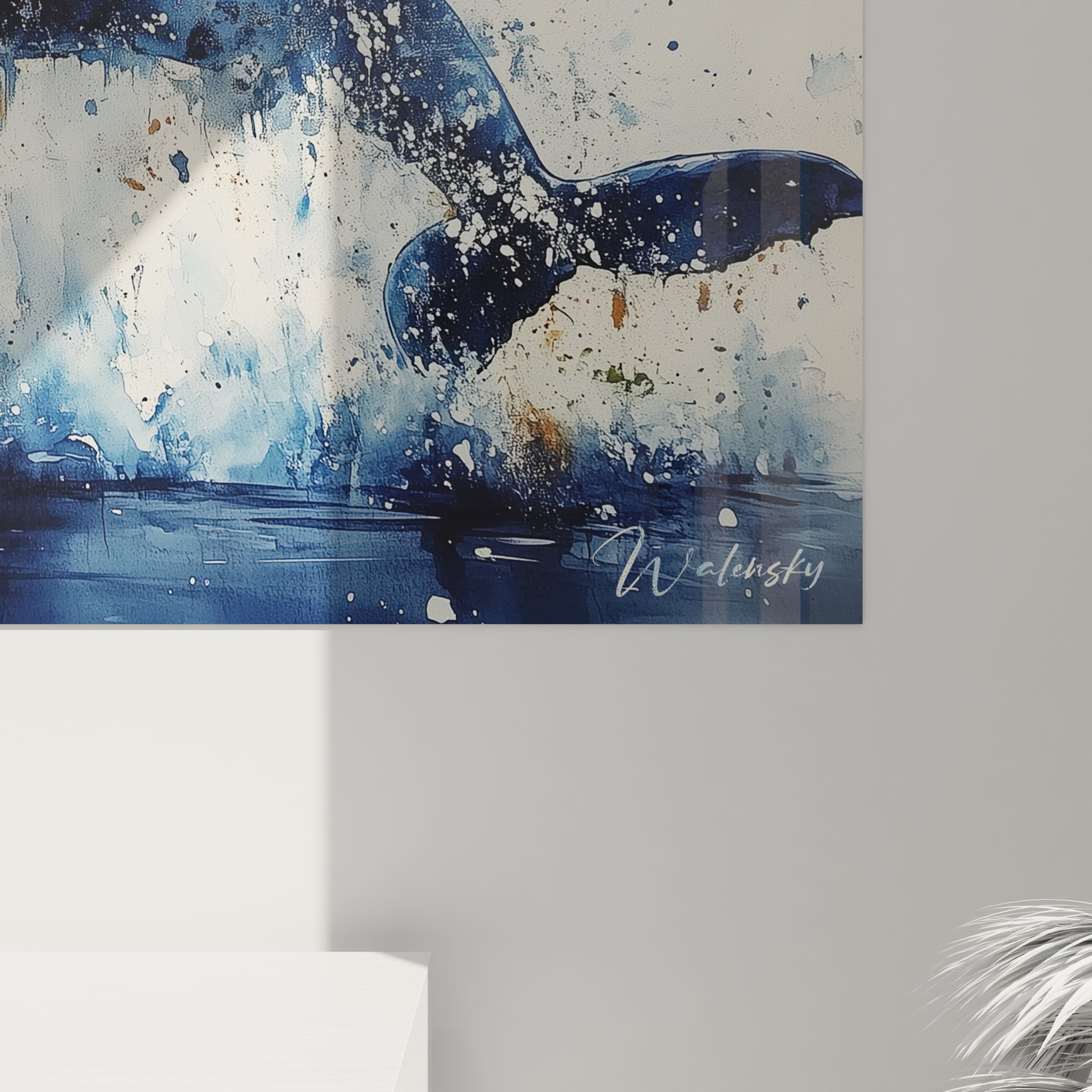 Tableau baleine en bleu de Walensky avec une texture aquatique créative et des éclaboussures colorées