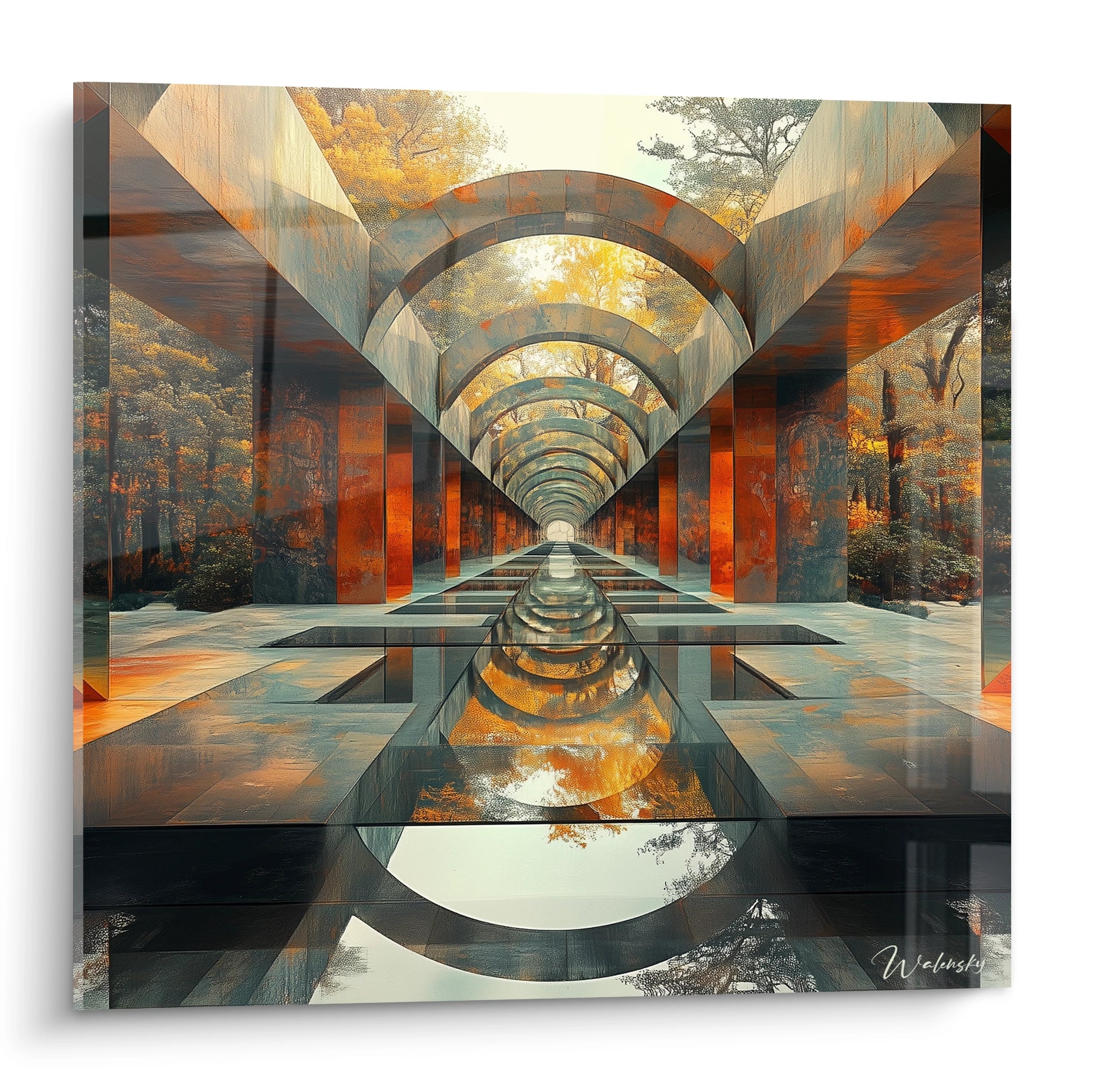 Tableau géométrique abstrait de Walensky représentant un couloir lumineux avec des reflets d'automne