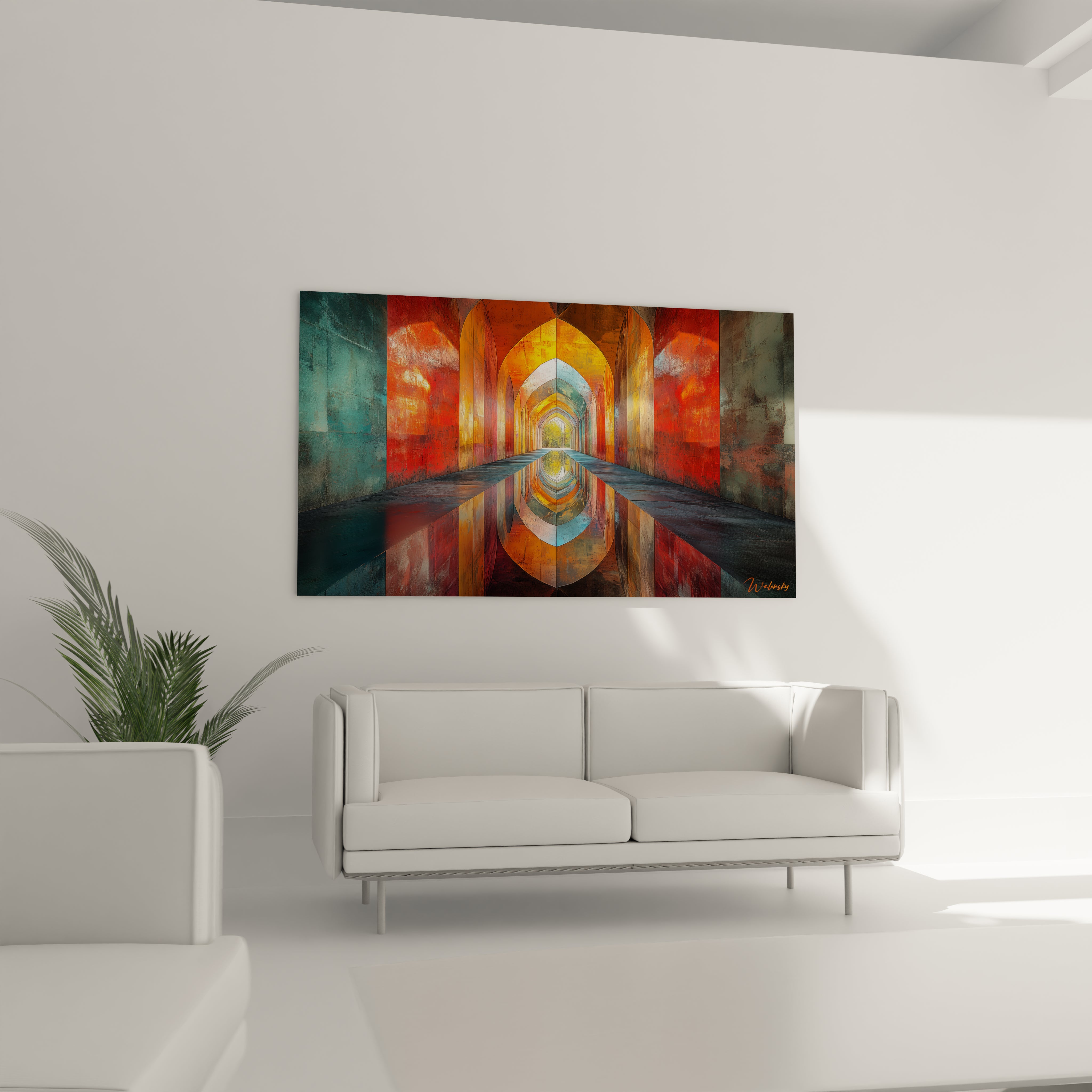 Tableau géométrique abstrait de Walensky avec des formes colorées et des reflets sur un mur moderne