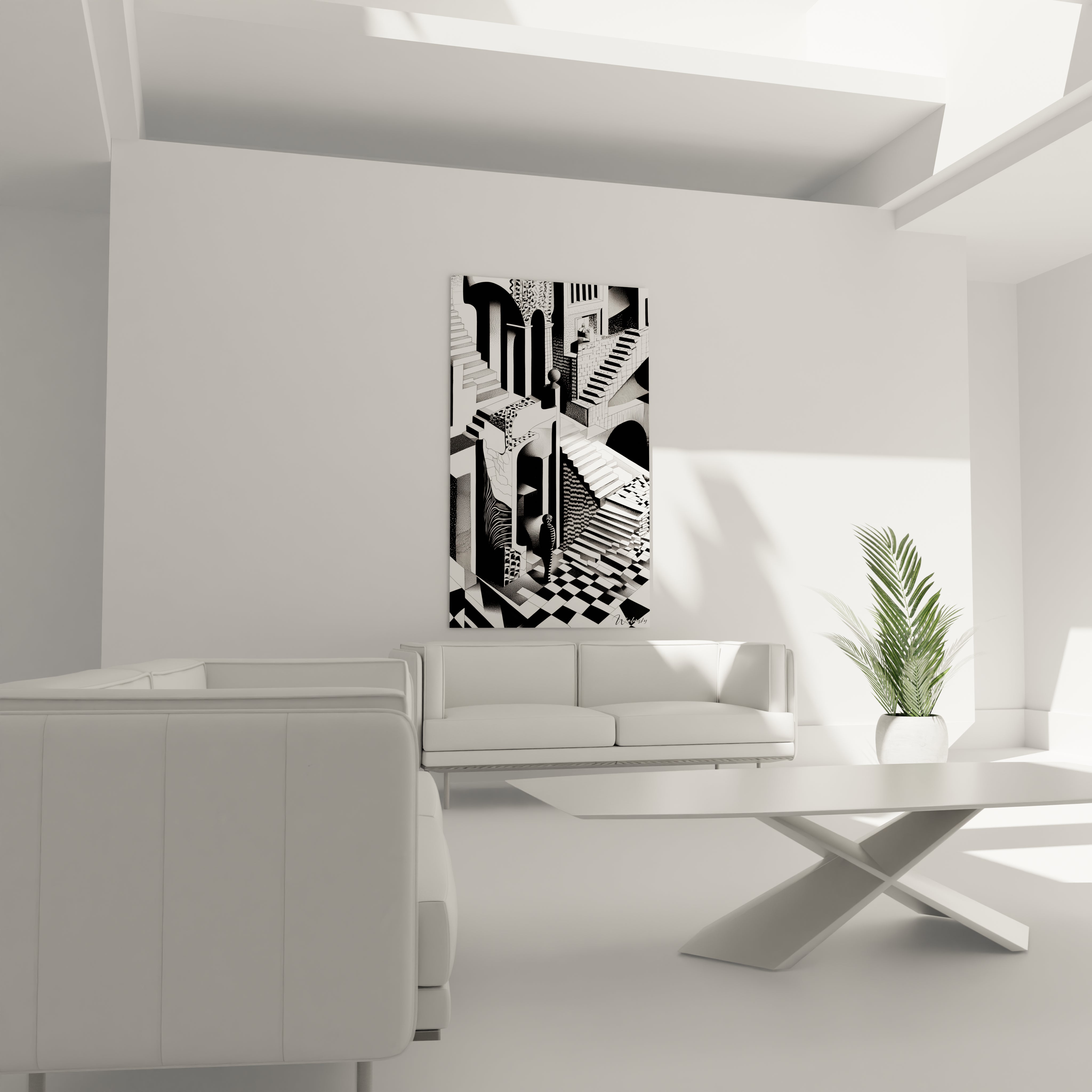 Tableau trompe l'oeil noir et blanc de Walensky avec motifs géométriques, suspendu dans un salon moderne minimaliste
