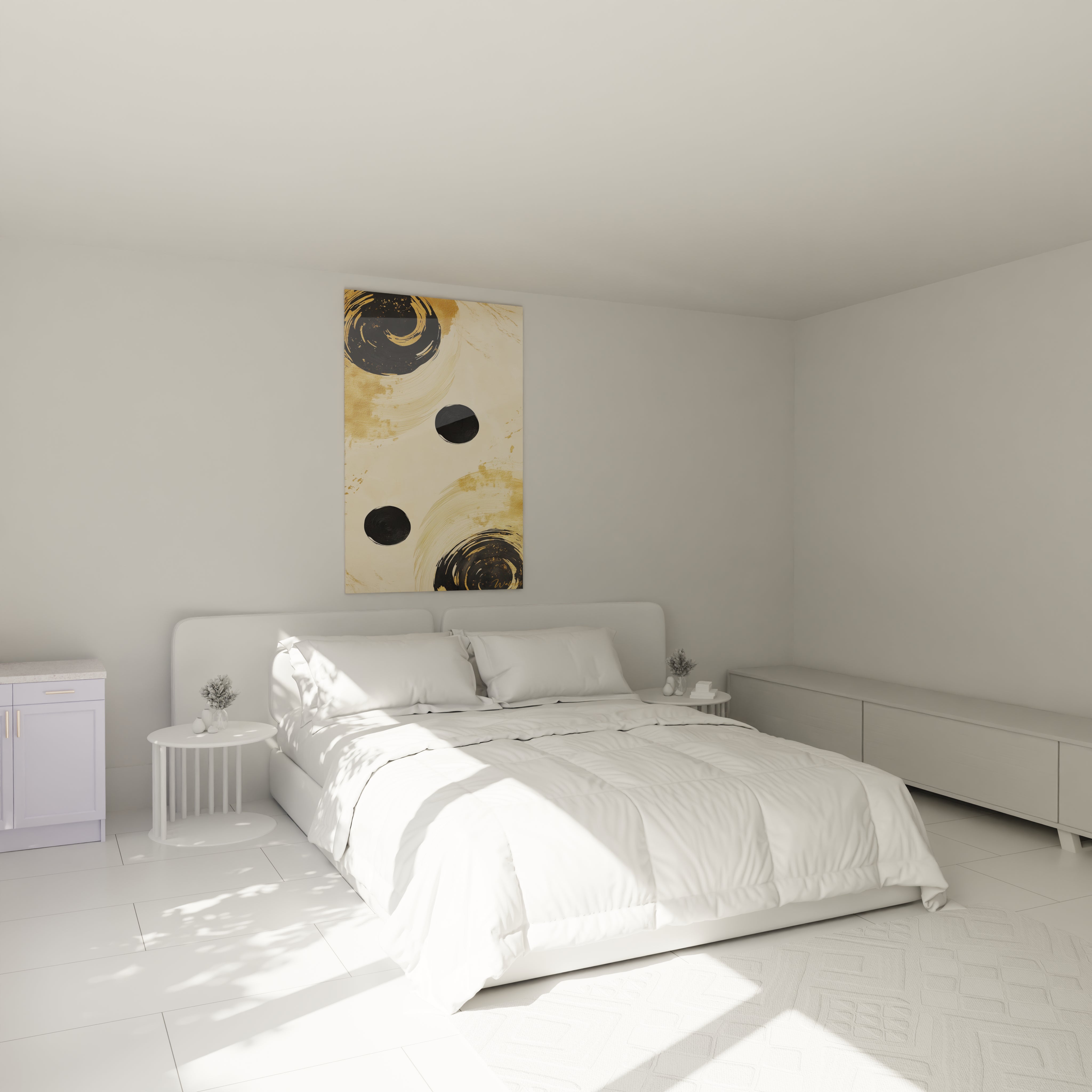 Tableau géométrique abstrait de Walensky avec des cercles noirs sur fond clair pour décorer une chambre