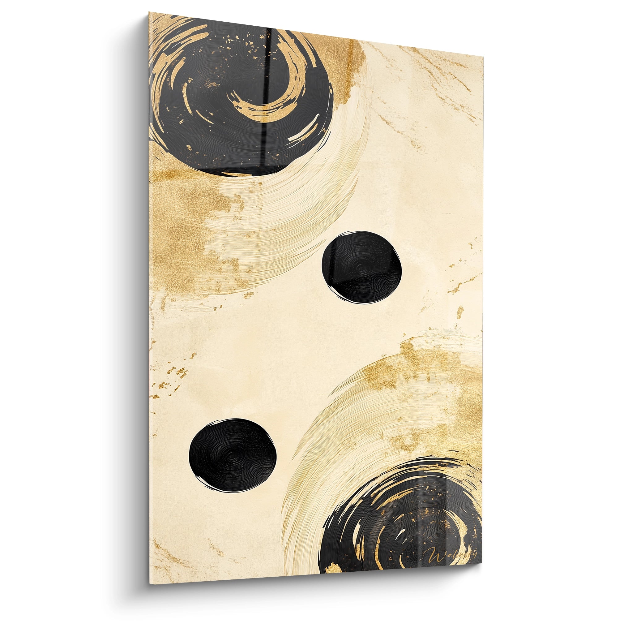 Tableau géométrique abstrait de Walensky avec des cercles noirs et des tourbillons dorés sur fond clair