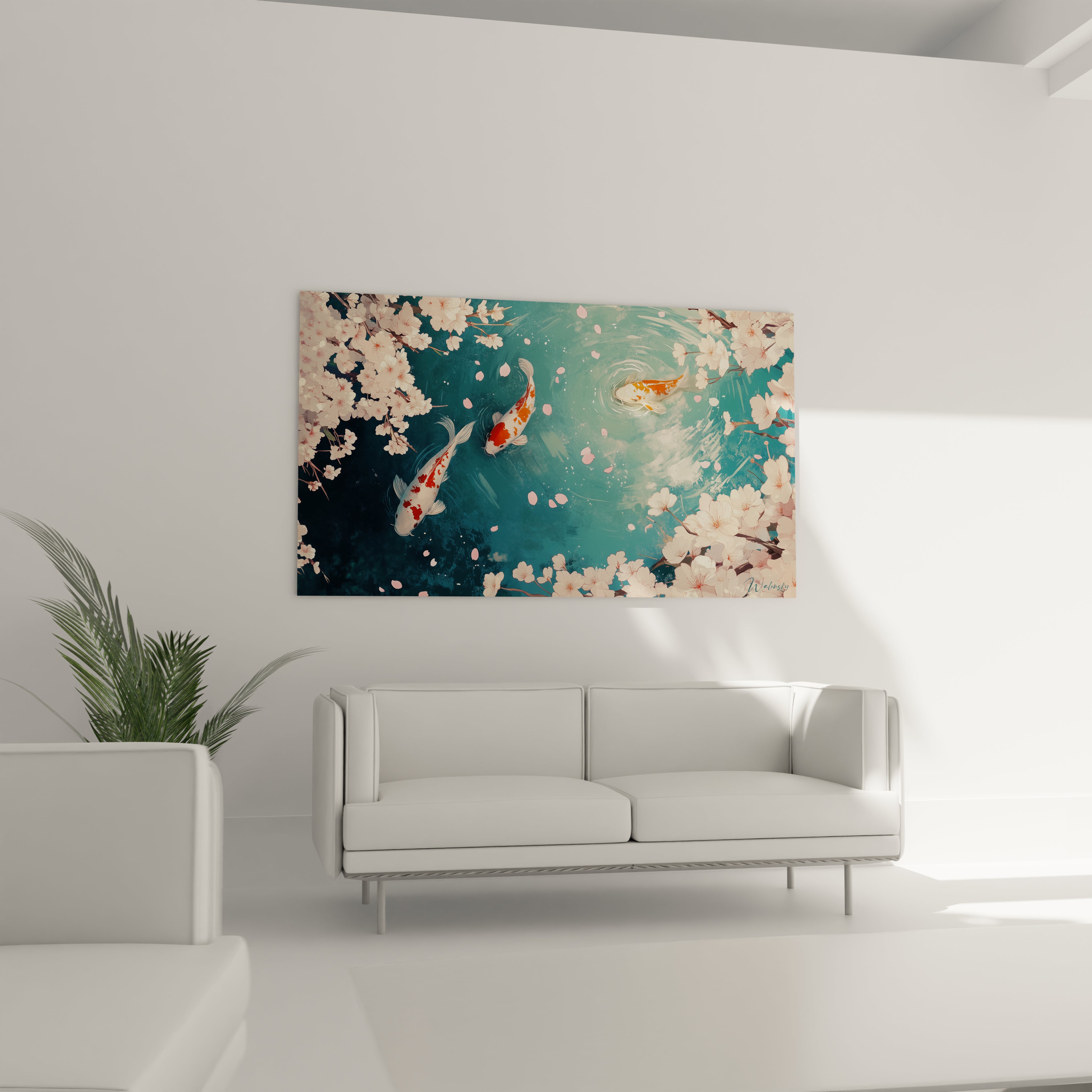 Tableau carpe koi de Walensky avec des poissons colorés nageant dans un étang paisible