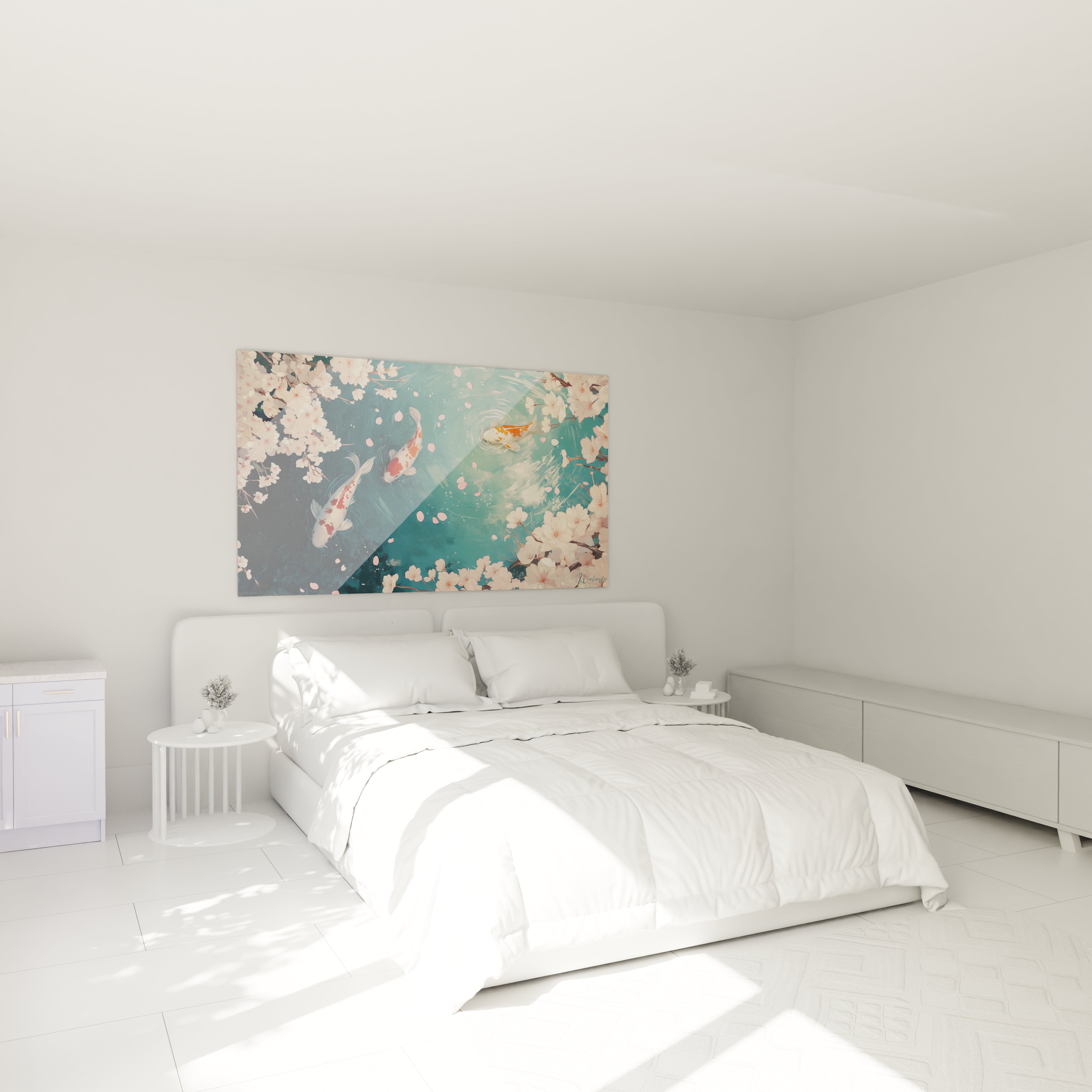 Tableau carpe koi Walensky au-dessus d'un lit dans une chambre lumineuse