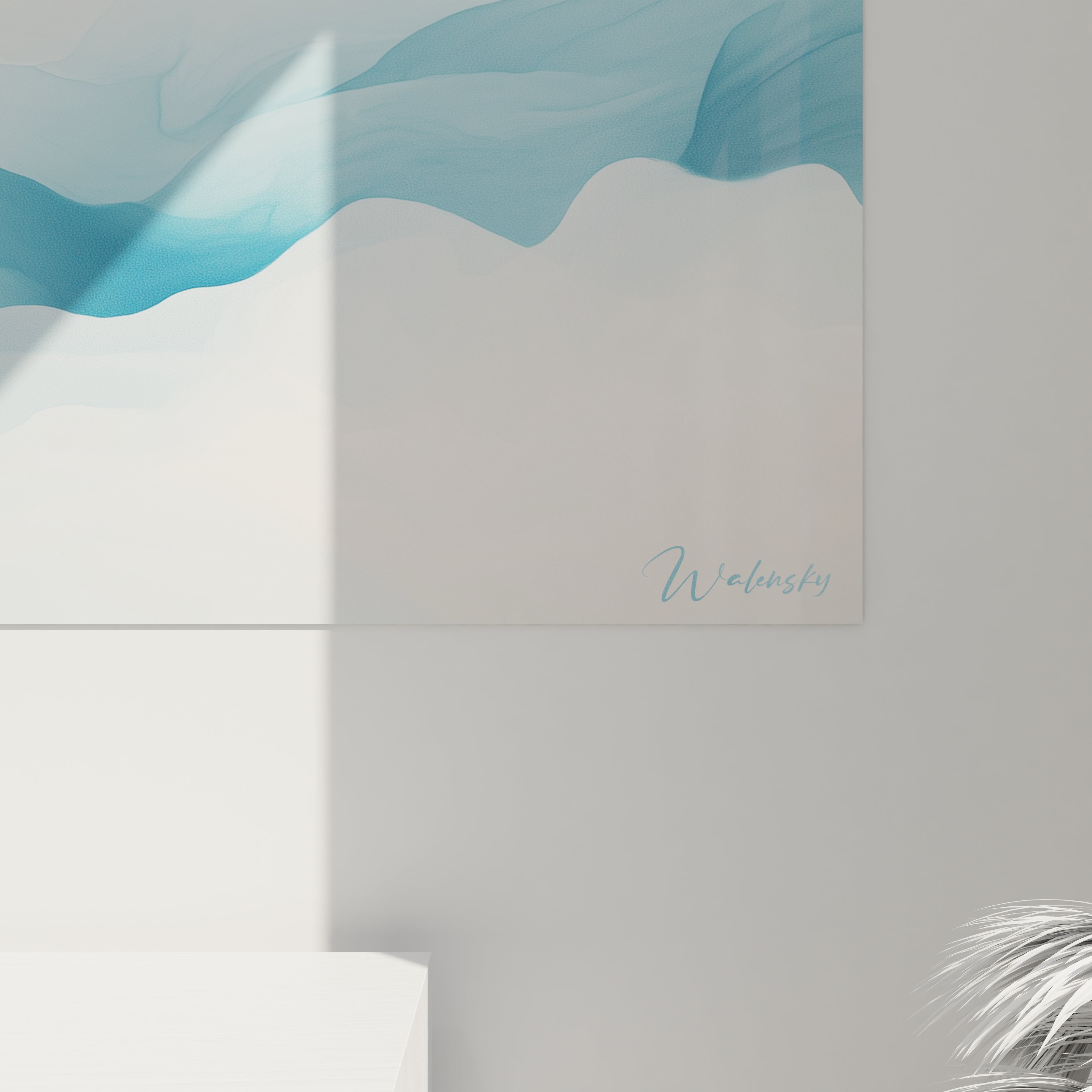 Tableau minimaliste abstrait de Walensky avec des vagues dans des tons bleu clair et beige