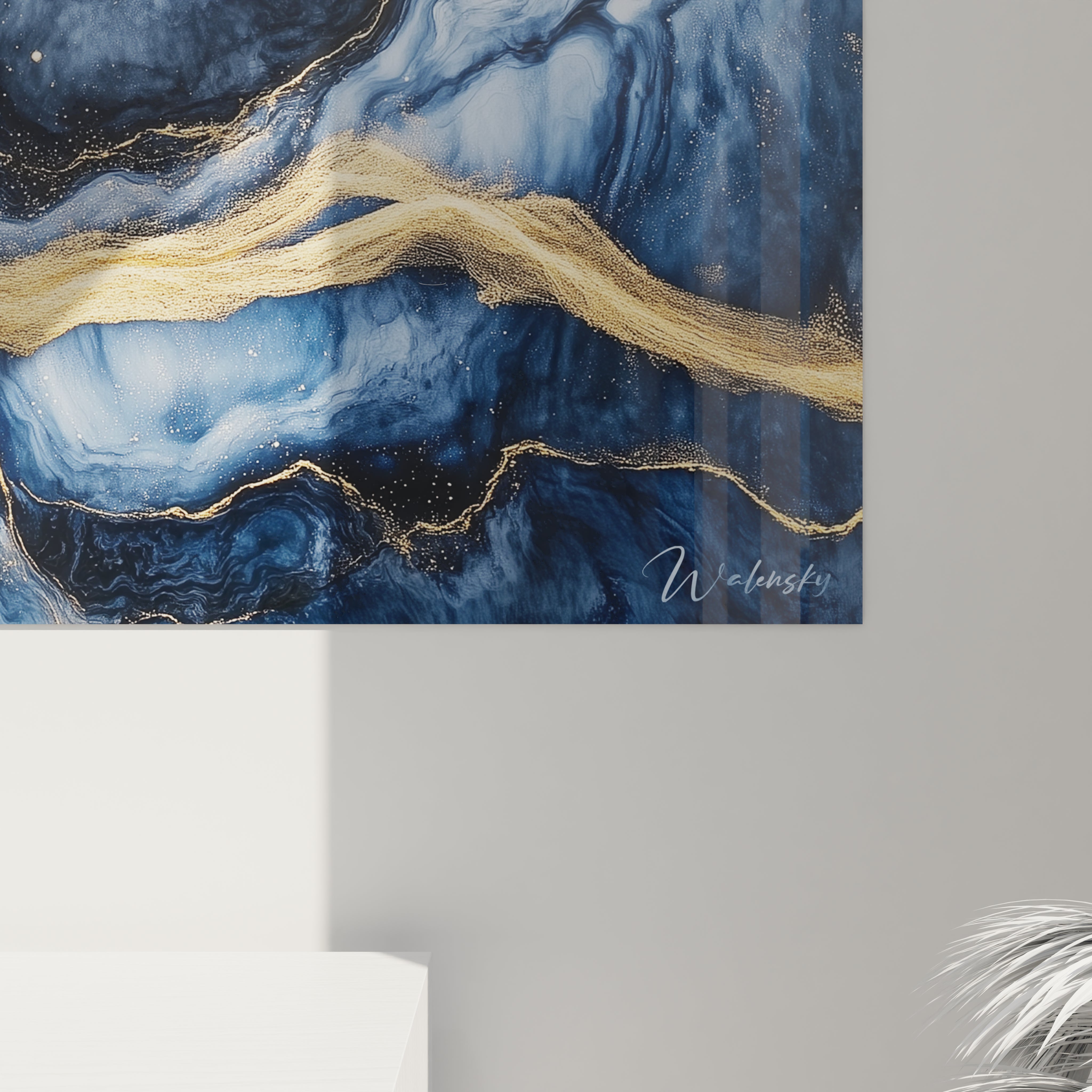Tableau moderne abstrait de Walensky avec des nuances de bleu et des touches dorées
