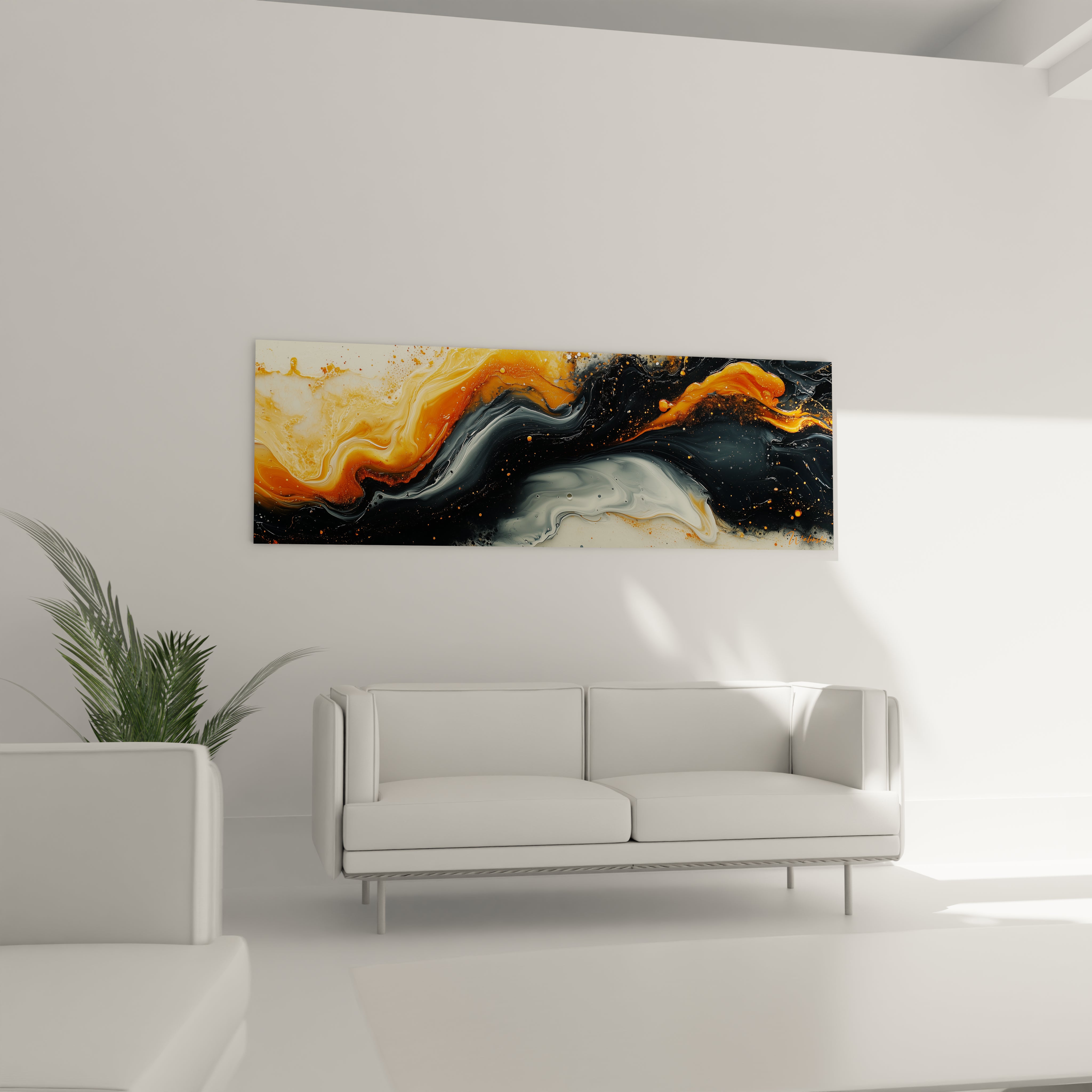 Tableau moderne abstrait en orange et noir de Walensky, idéal pour embellir votre décoration intérieure