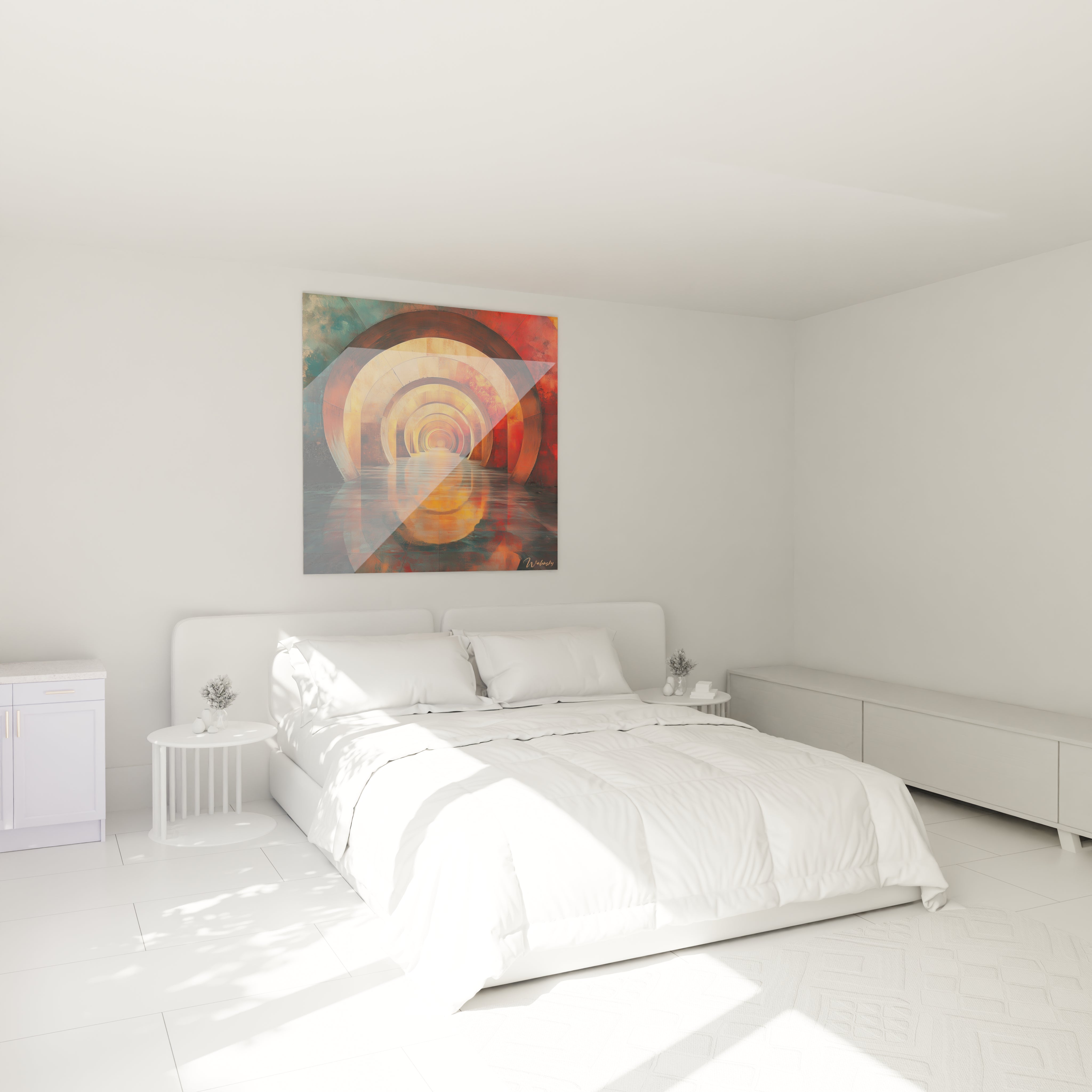 Tableau géométrique abstrait Walensky sur un mur dans une chambre lumineuse avec lit moderne