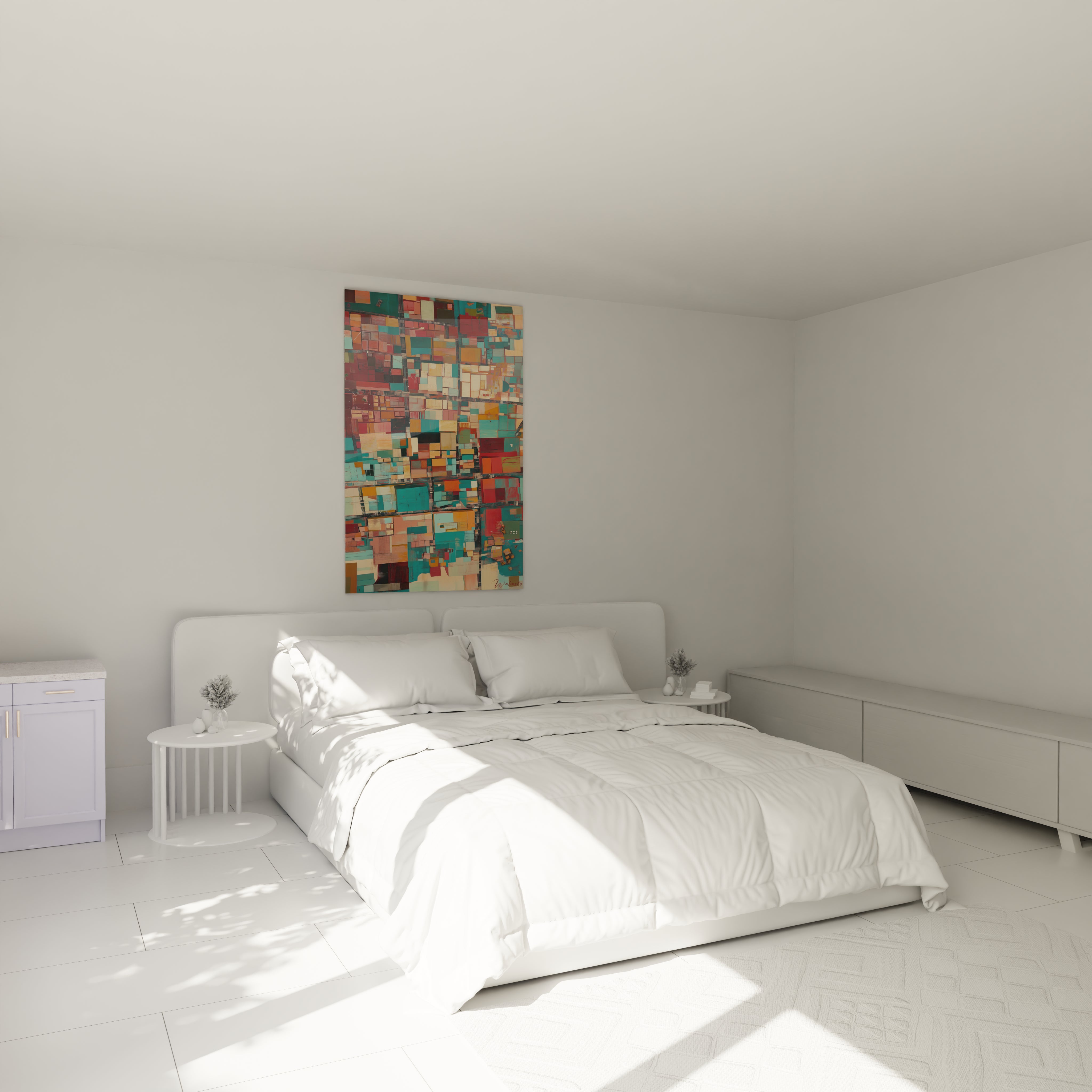 Tableau cubisme abstrait Walensky coloré sur mur d'une chambre moderne avec lit blanc