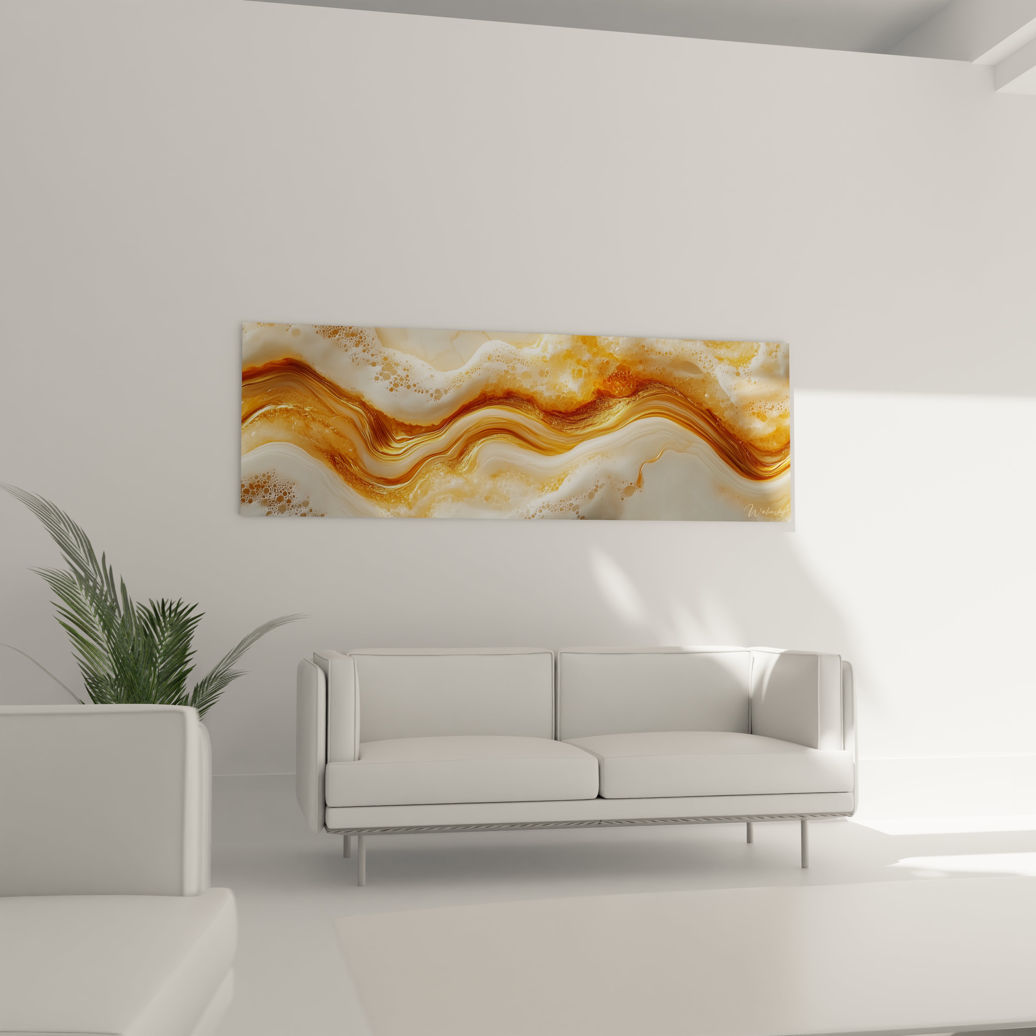 Tableau moderne abstrait de Walensky avec des ondulations dorées et crème, idéal pour décorer un salon
