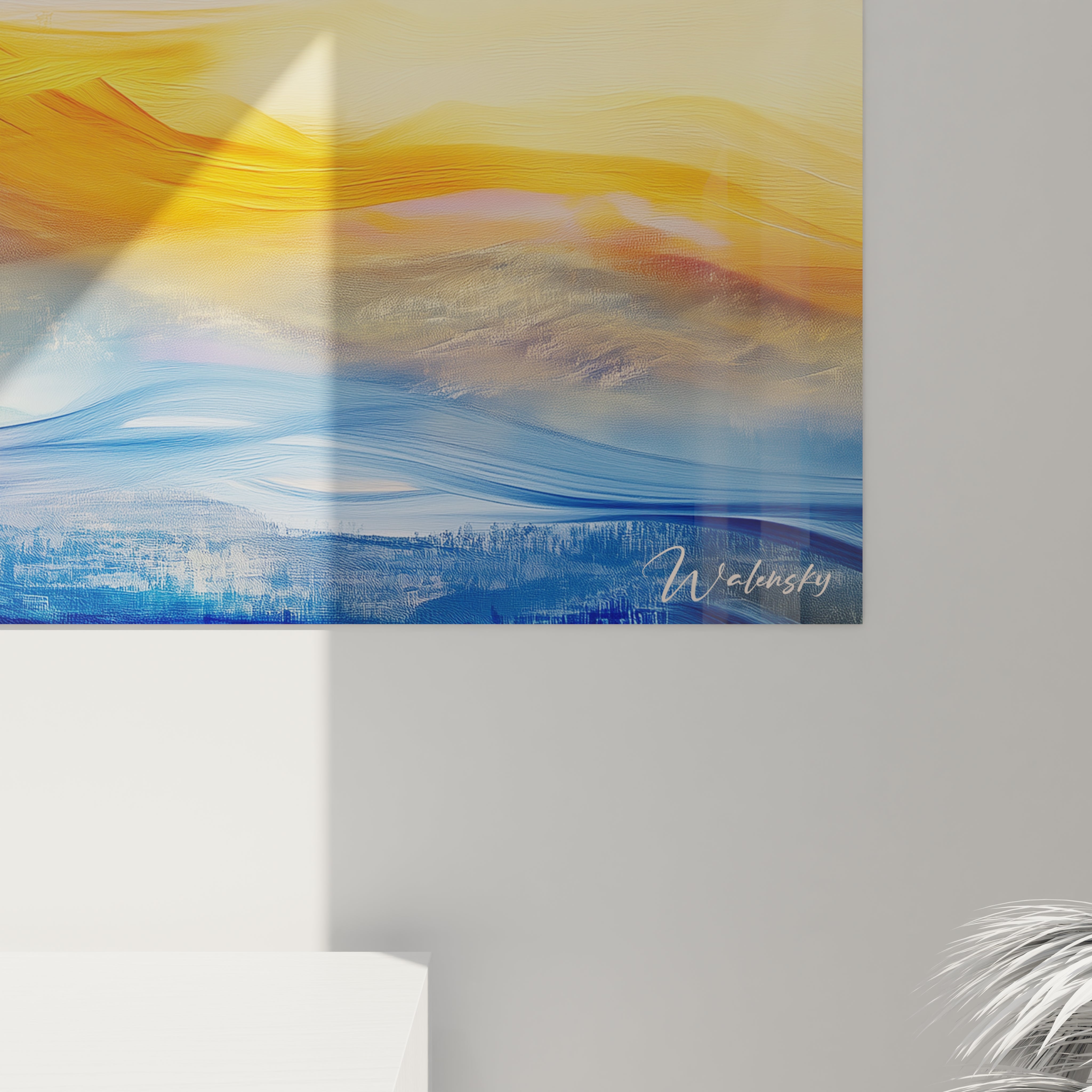 Tableau minimaliste abstrait de Walensky avec des nuances de bleu et jaune pour une décoration moderne