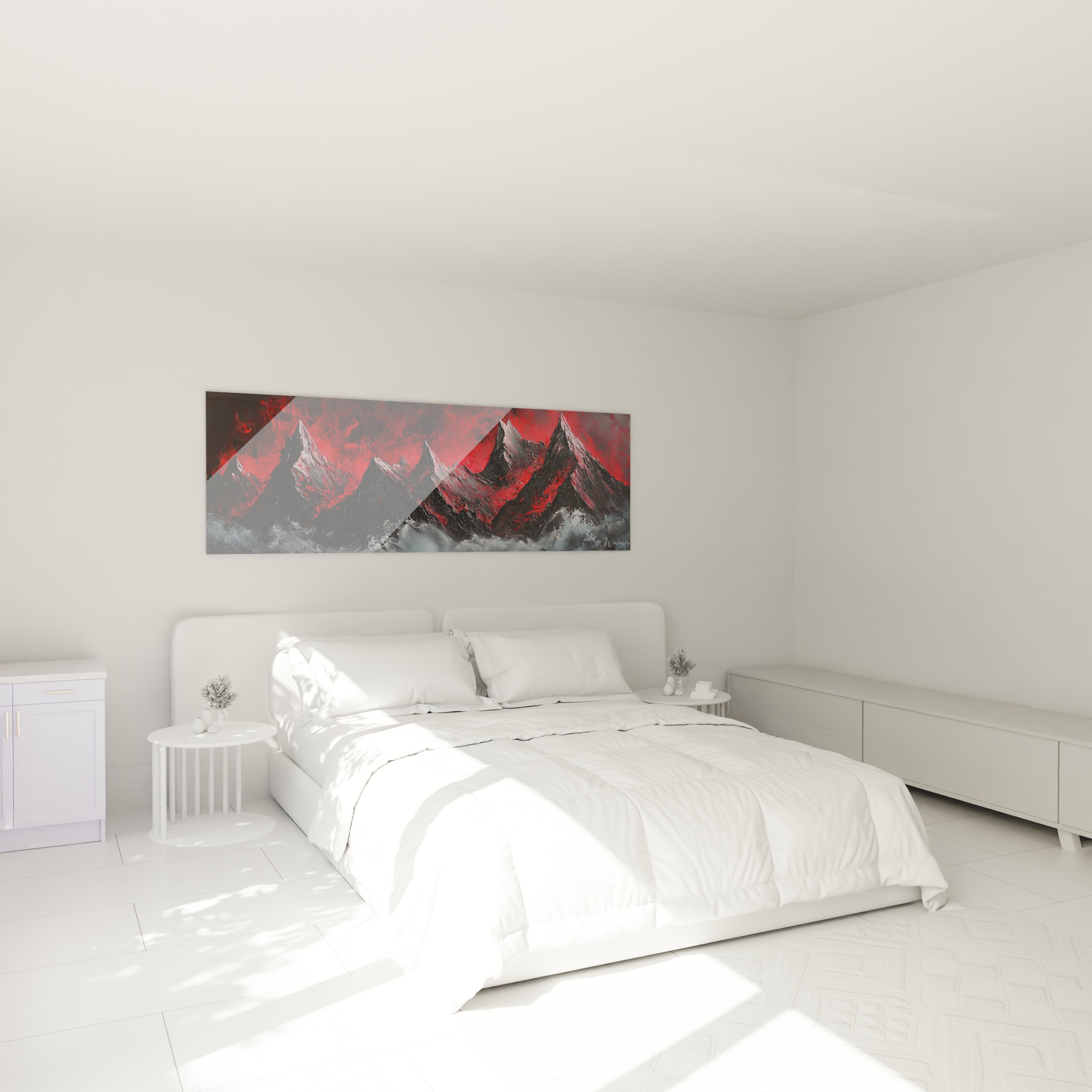 Tableau peinture abstrait Walensky avec des montagnes rouges sur fond gris pour décoration moderne