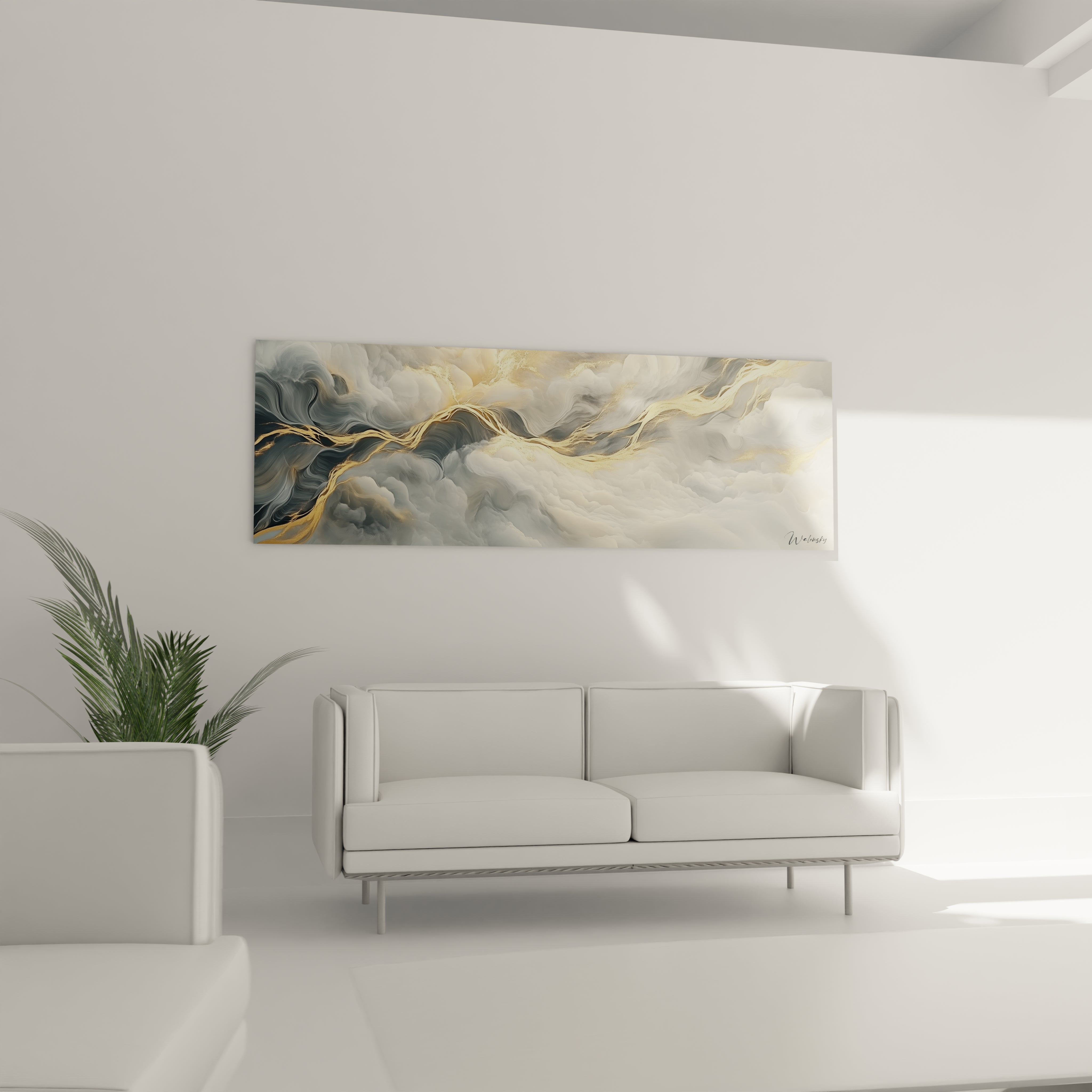 Tableau moderne abstrait de Walensky avec des nuances de gris et doré pour une décoration élégante