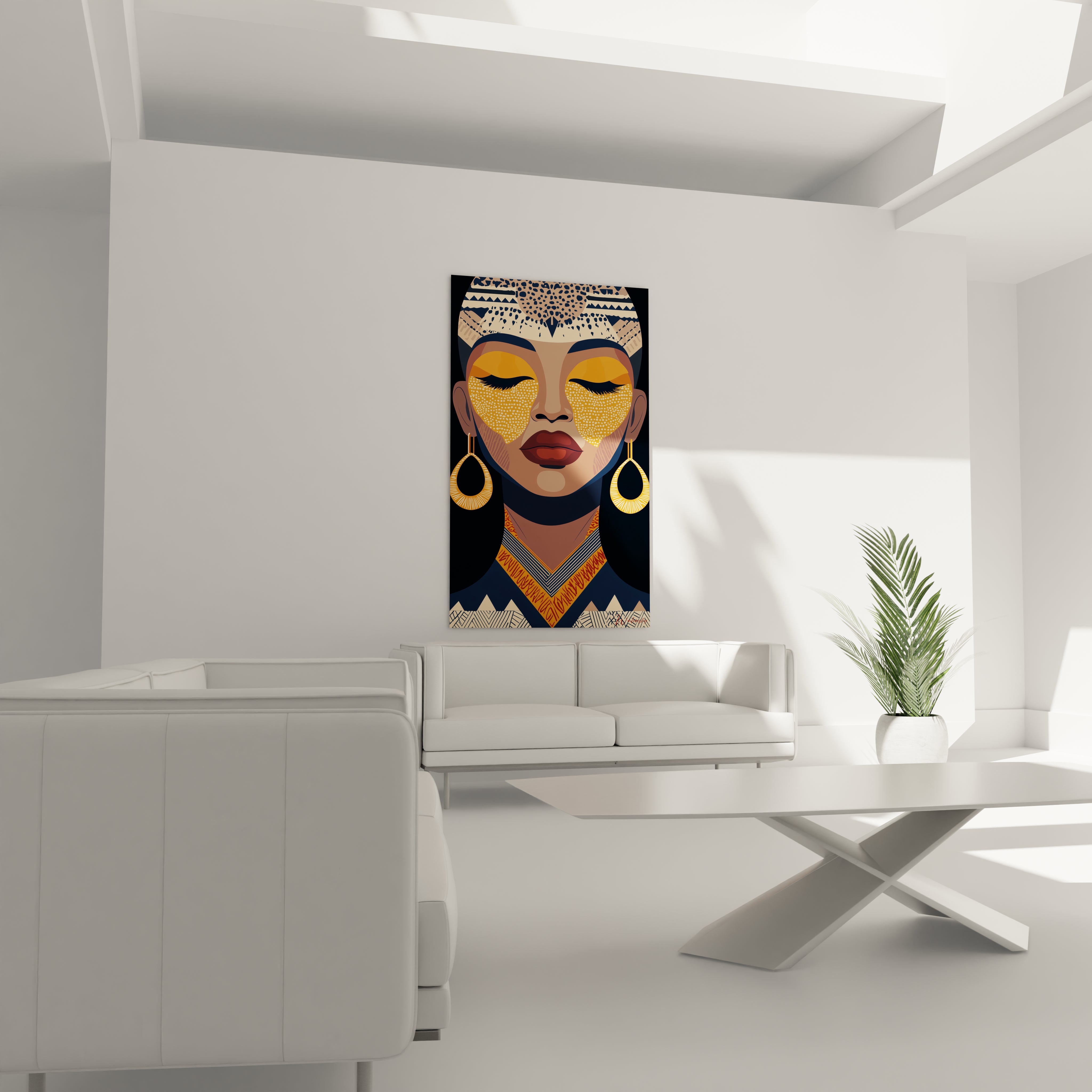 Tableau africain mural Walensky représentant visage féminin stylisé avec maquillage doré et motifs ethniques