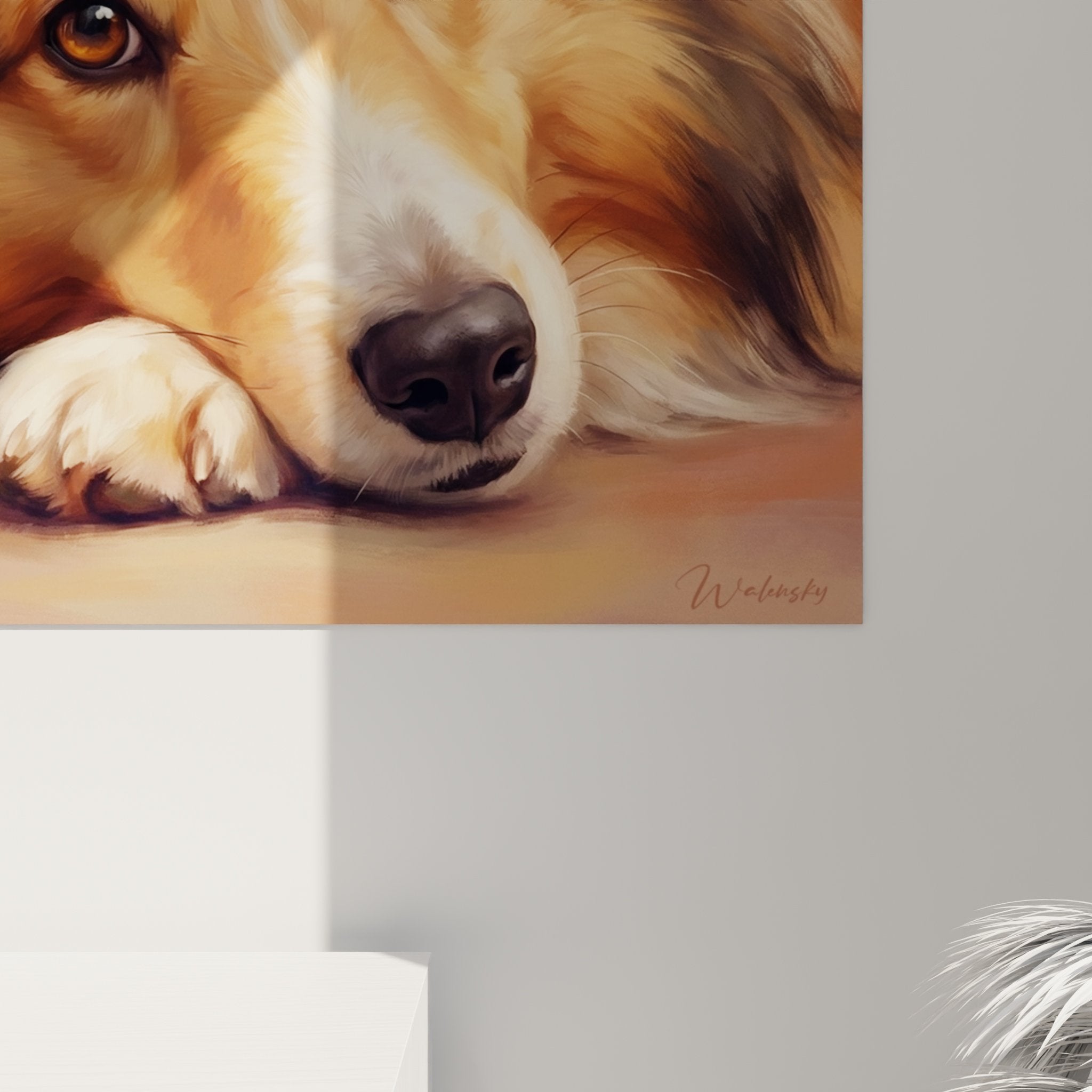 Vue d'ensemble tableau art canin berger shetland pose tendre dans intérieur contemporain