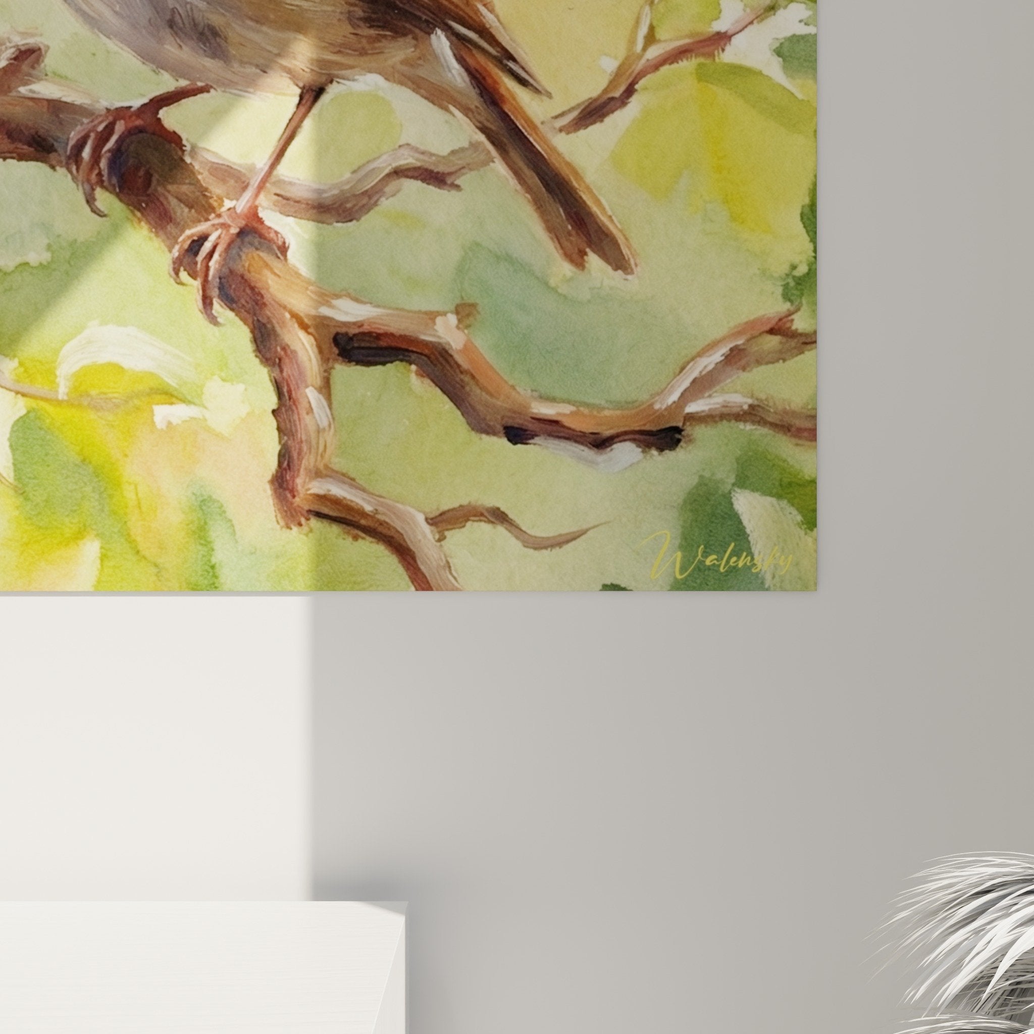 Wall art bonsai Japanese watercolor painting golden green zen interior decoration natural