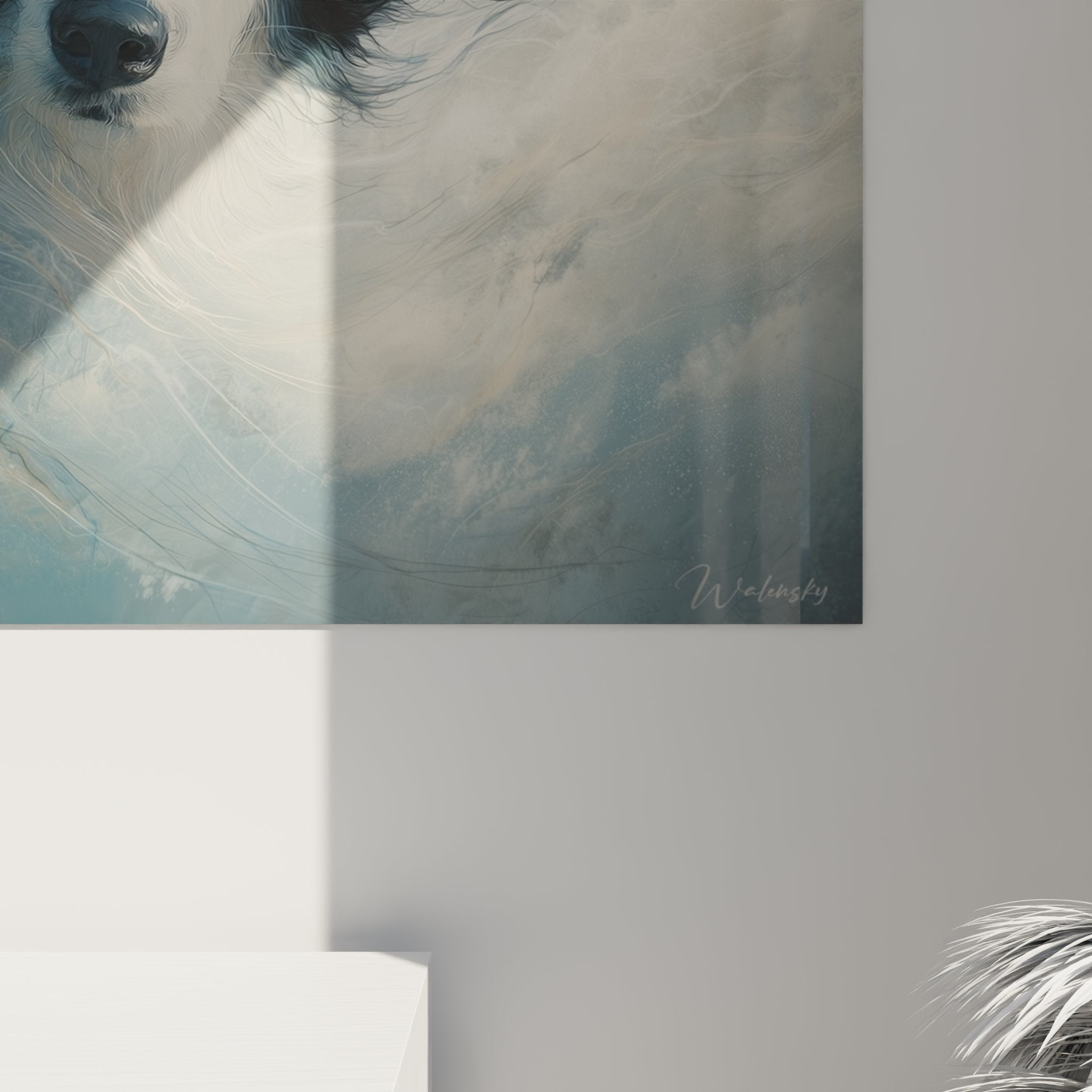 Vue ensemble tableau Border Collie art mural contemporain décoration intérieure moderne tons bleus