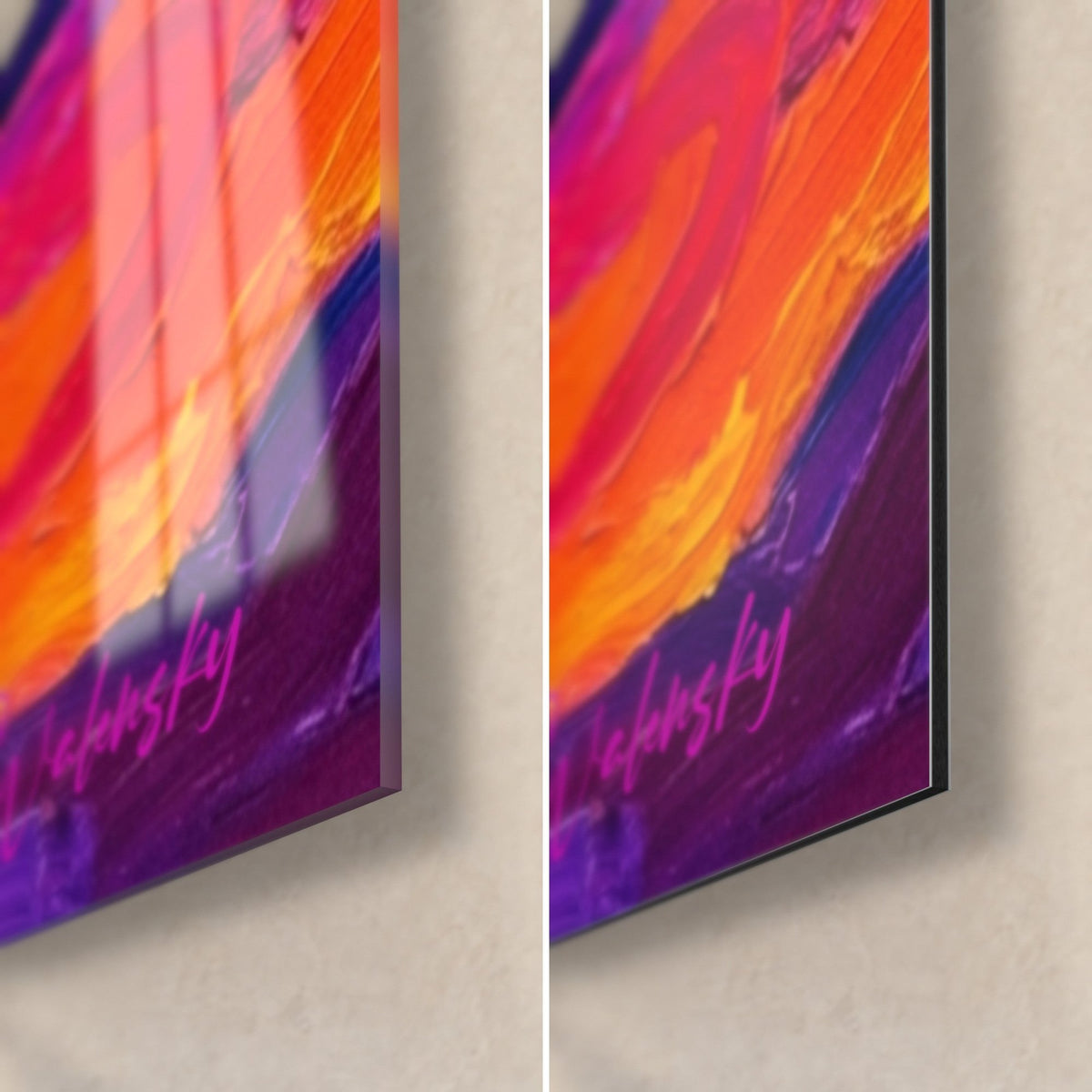 Wall art: Cane Corso in dark silhouette, pink signature bottom right, glossy glass reflecting orange, matte violet Dibond, 3 mm edge