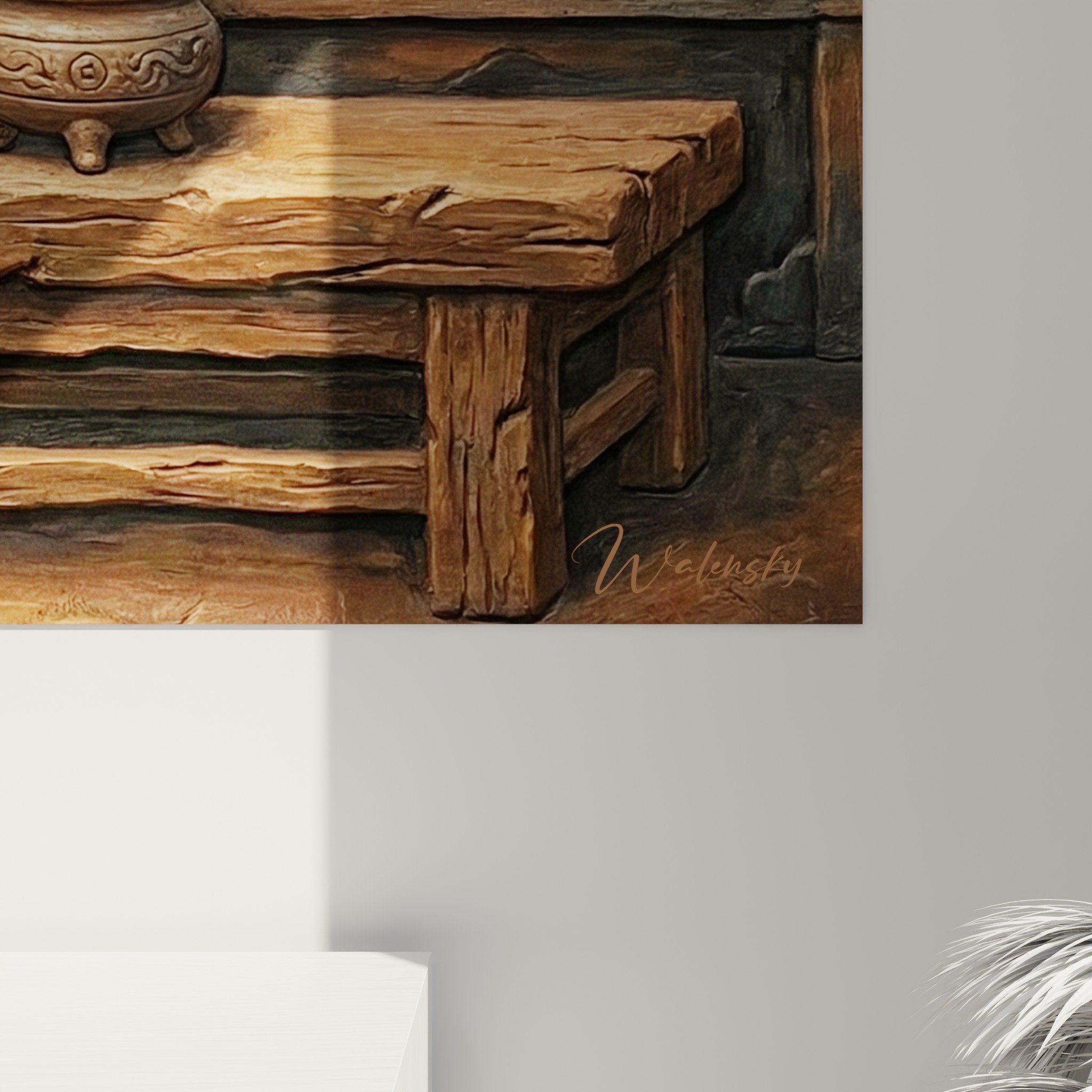 Japanese Spaniel Painting Full View Oriental Wall Art Smoke Incense Sculpture Ochre Tones
