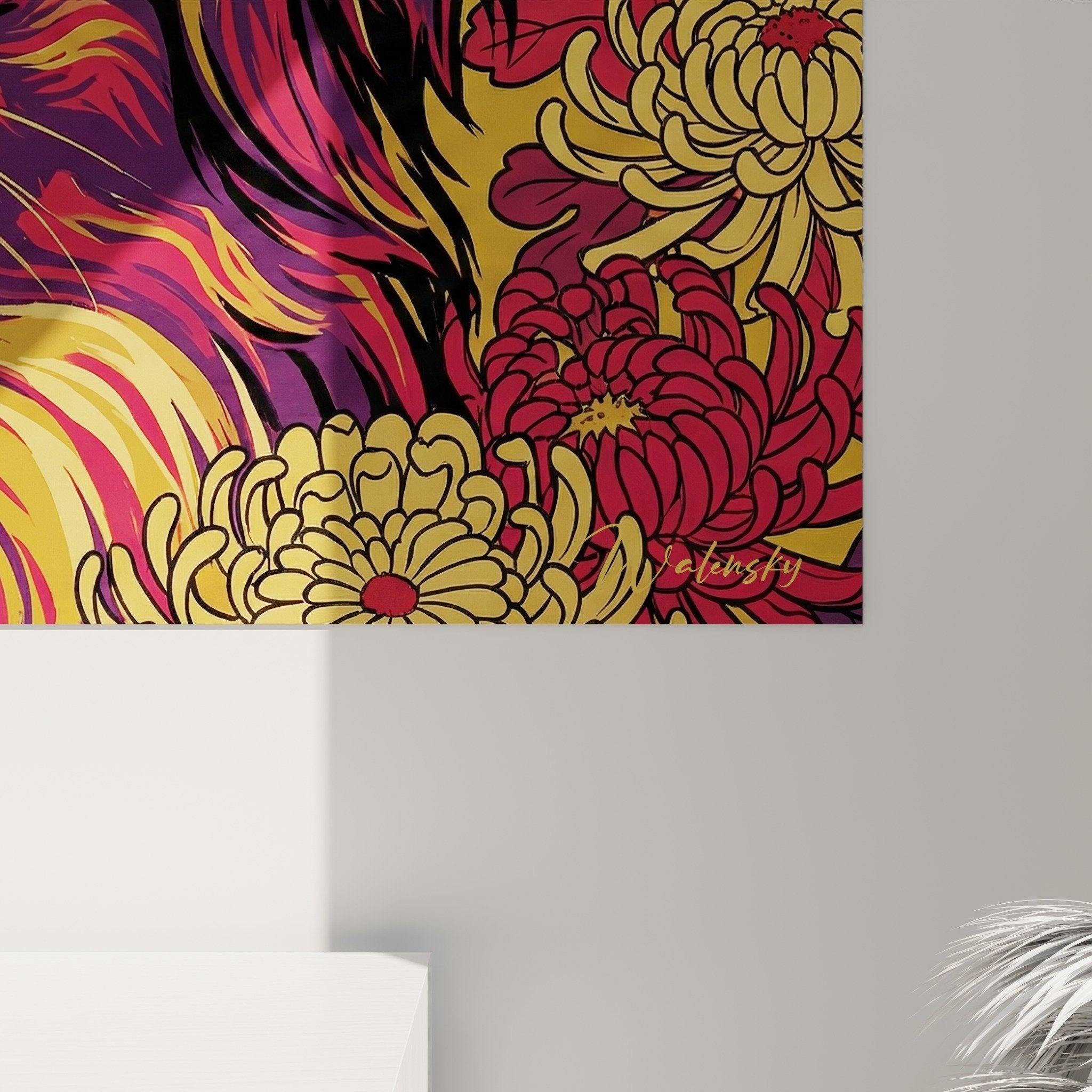 Vue ensemble tableau épagneul japonais décoration intérieur moderne art mural couleurs automnales