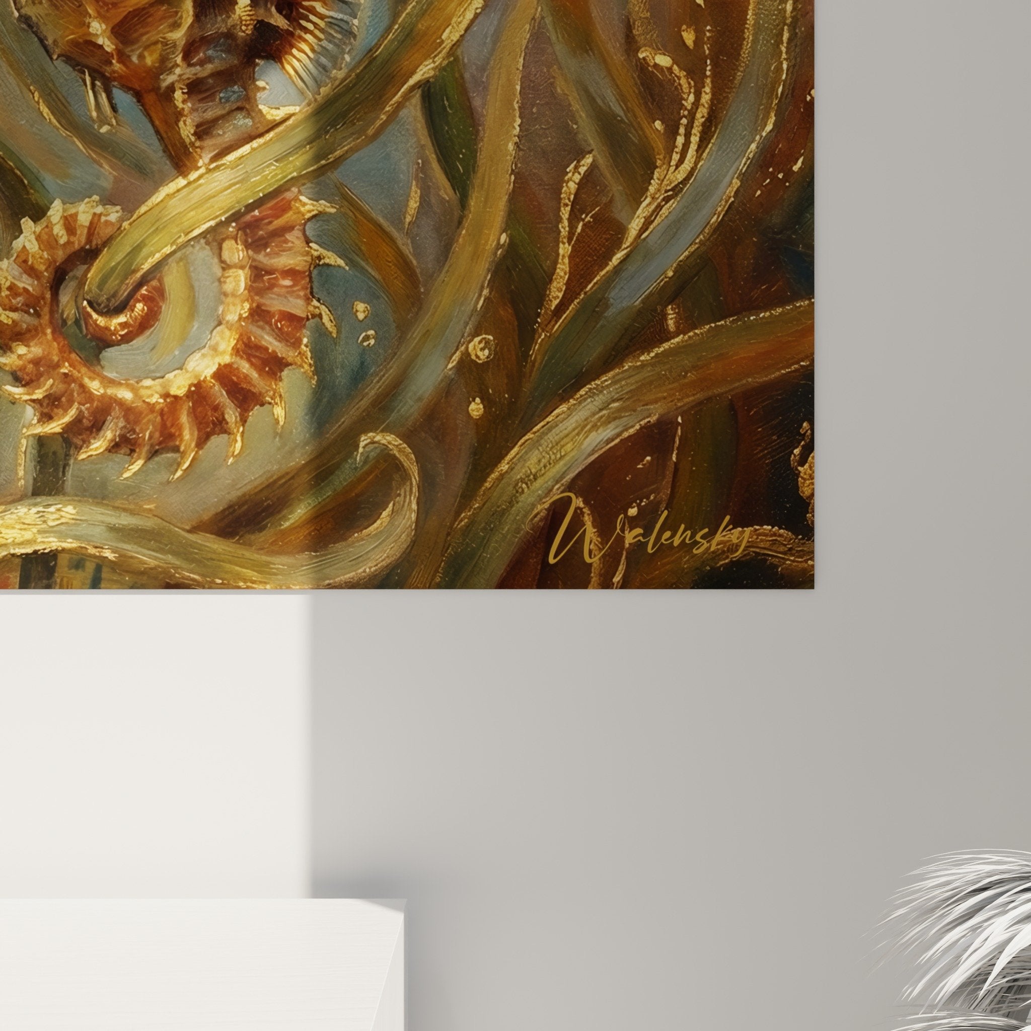 Tableau hippocampe art mural salon décoration marine élégante tons ambrés