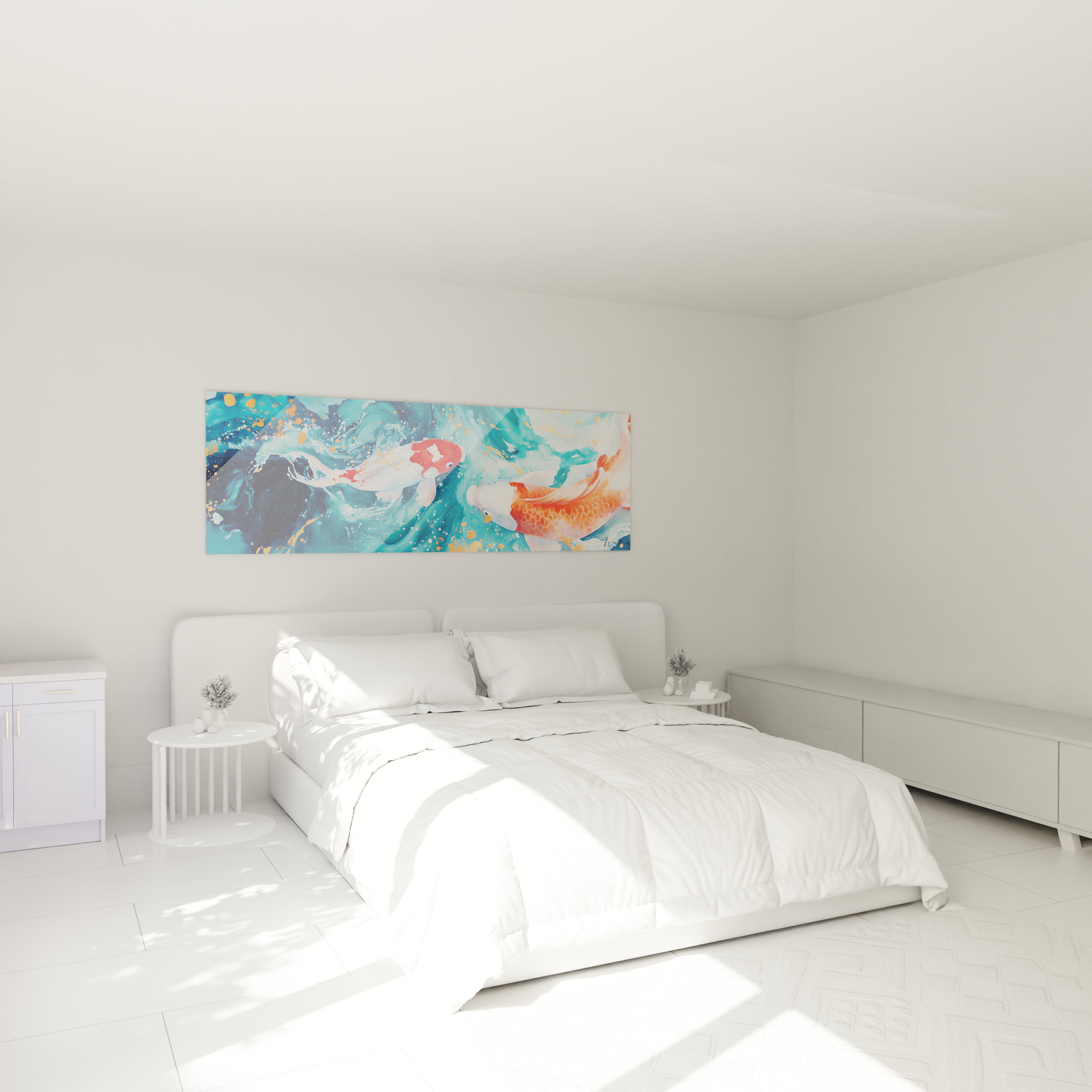 Tableau carpe koi Walensky dans une chambre moderne avec éclairage naturel