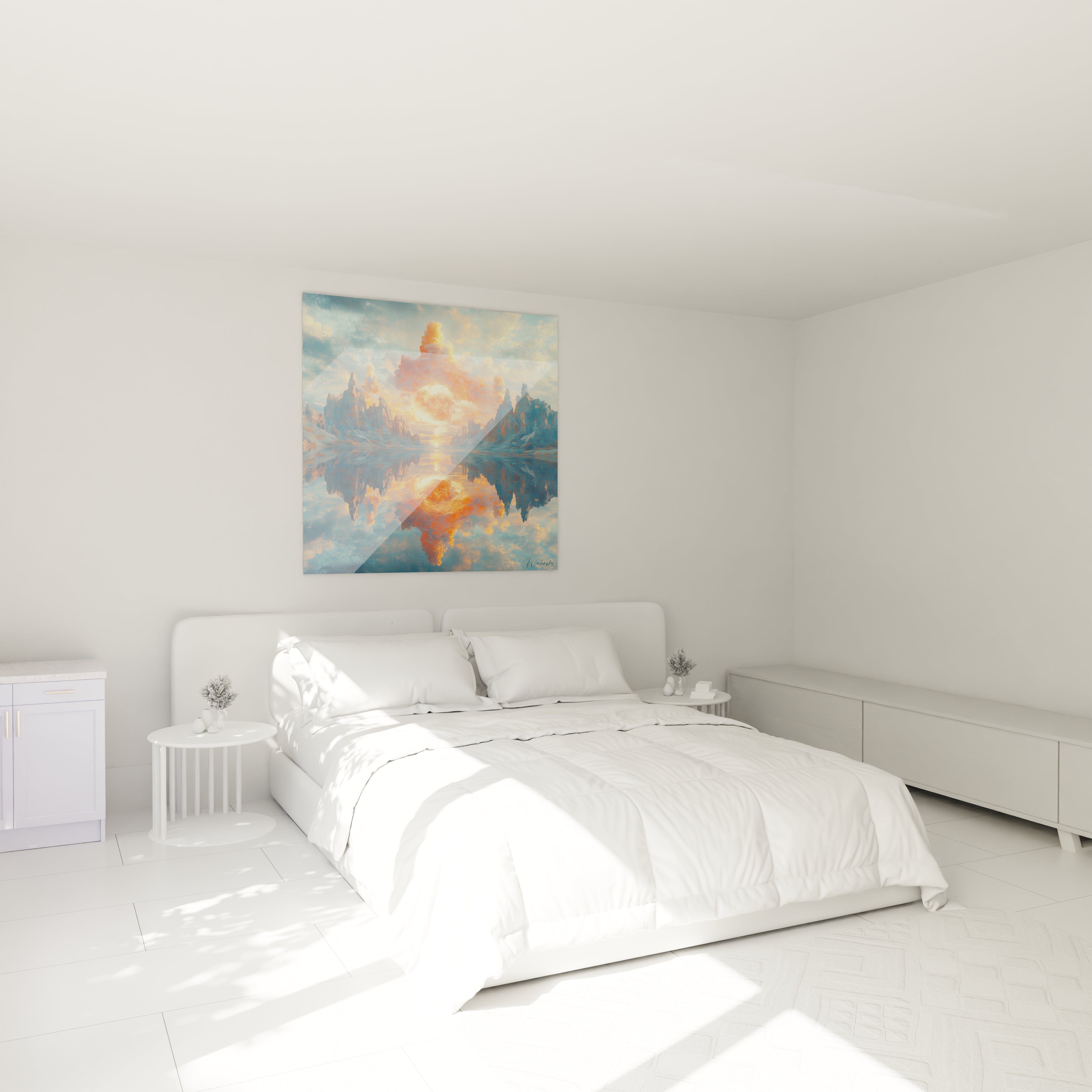 Tableau moderne abstrait de Walensky représentant un paysage serein avec des couleurs douces dans une chambre lumineuse