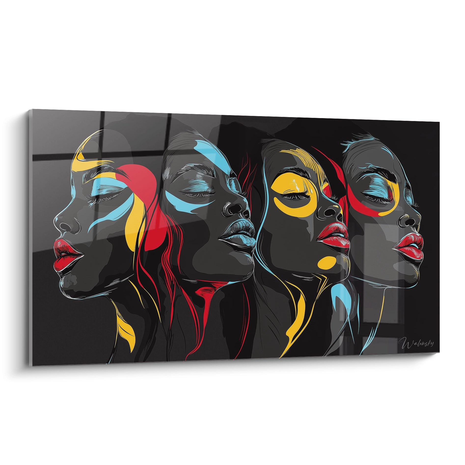 Tableau africain mural Walensky avec portraits de femmes stylisées en couleurs vives sur fond noir