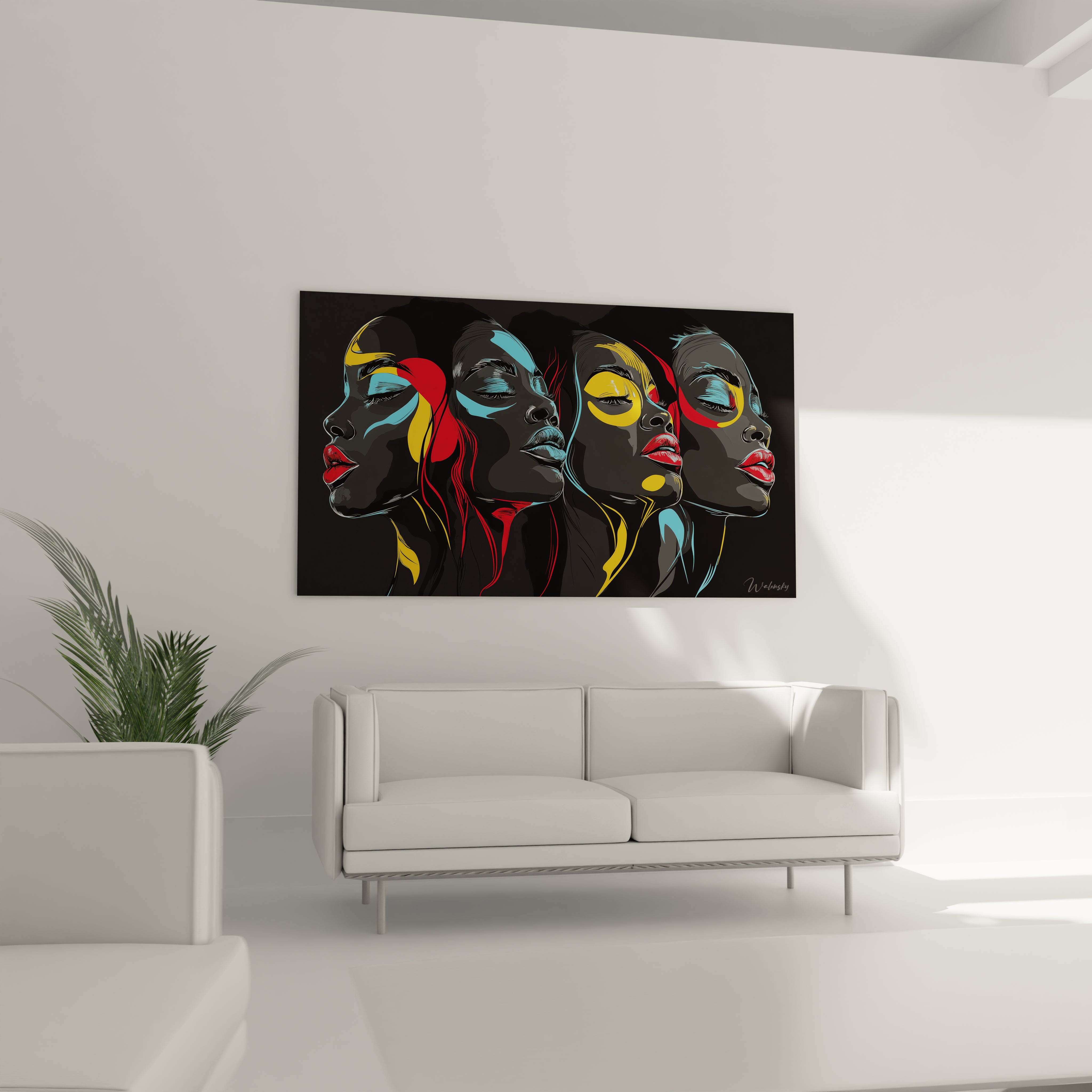 Tableau africain mural Walensky représentant un requin jaune sur fond bleu accroché au-dessus d'un canapé blanc