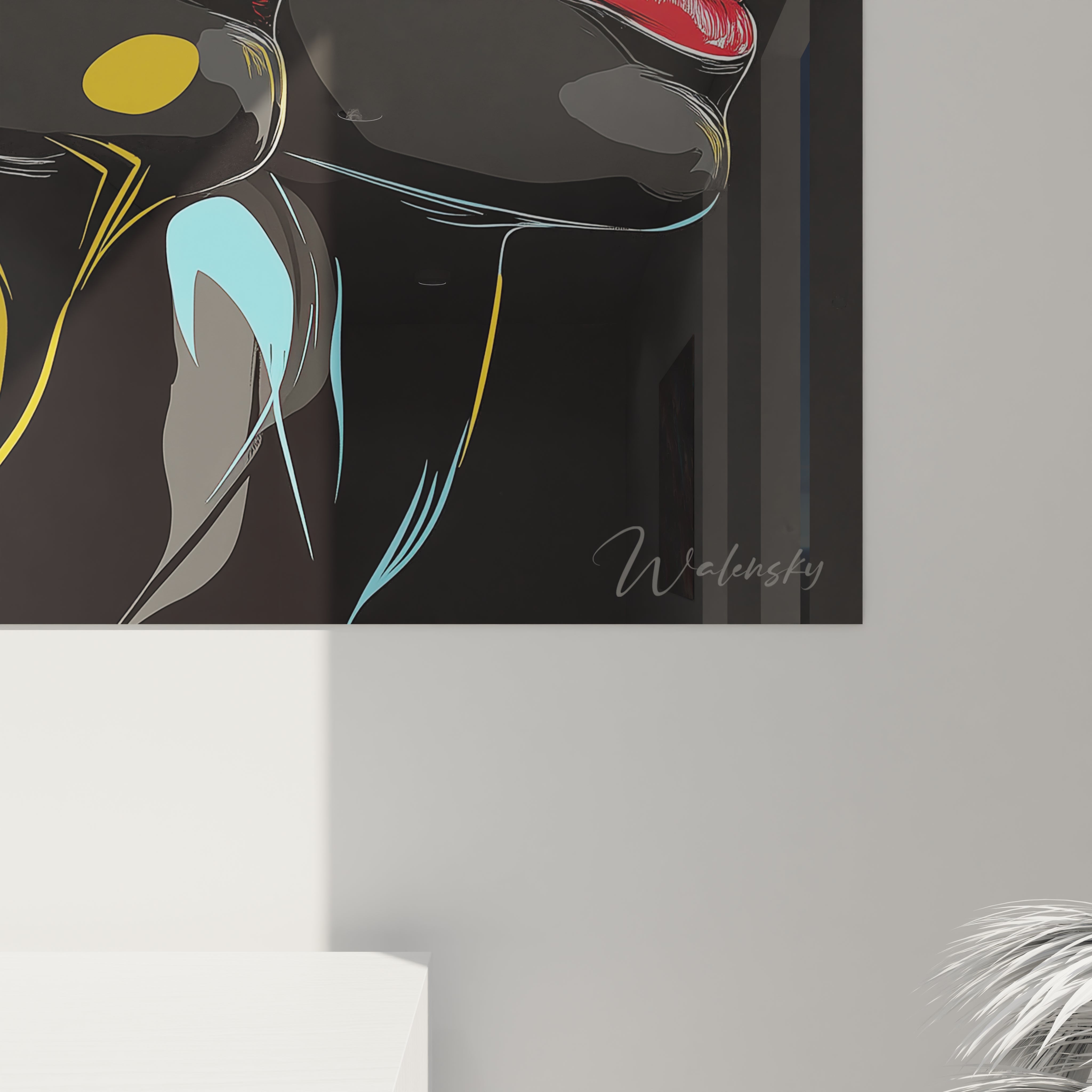 Détail de tableau africain mural Walensky aux motifs abstraits bleus et dorés
