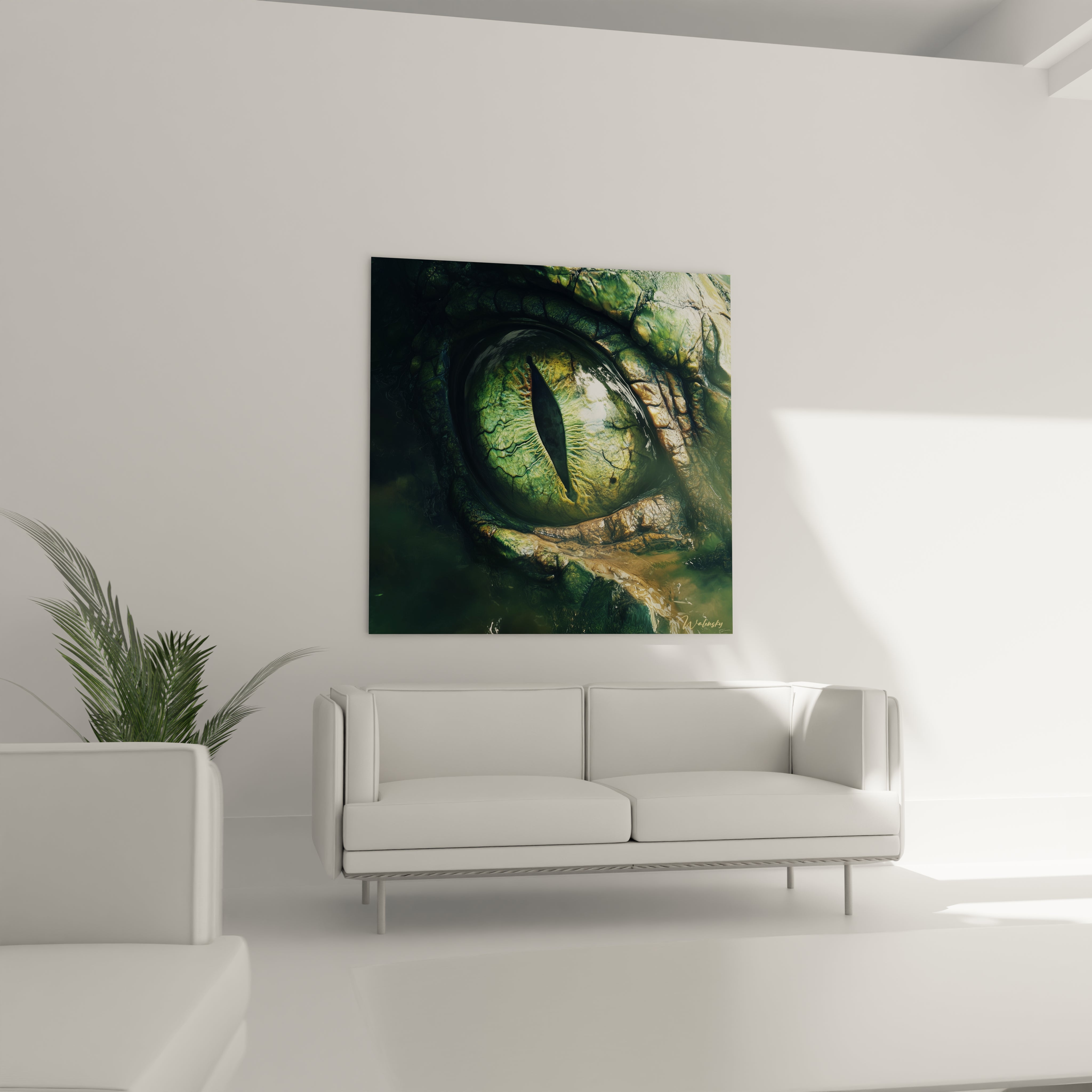 Tableau œil d'animal vert réaliste de Walensky accroché au-dessus d'un canapé blanc moderne