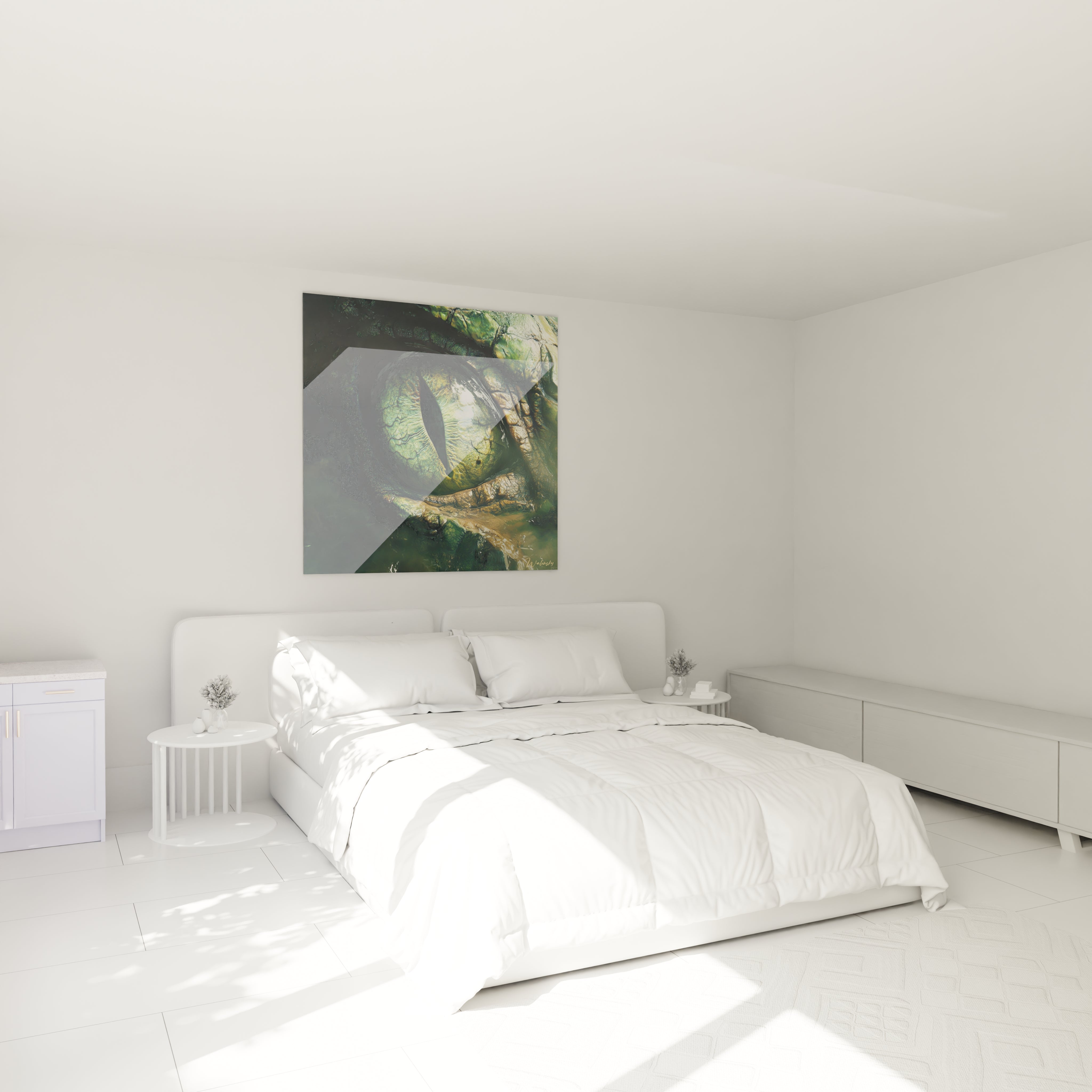 Tableau œil d'animal Walensky vert accroché au mur d'une chambre blanche moderne avec lit double