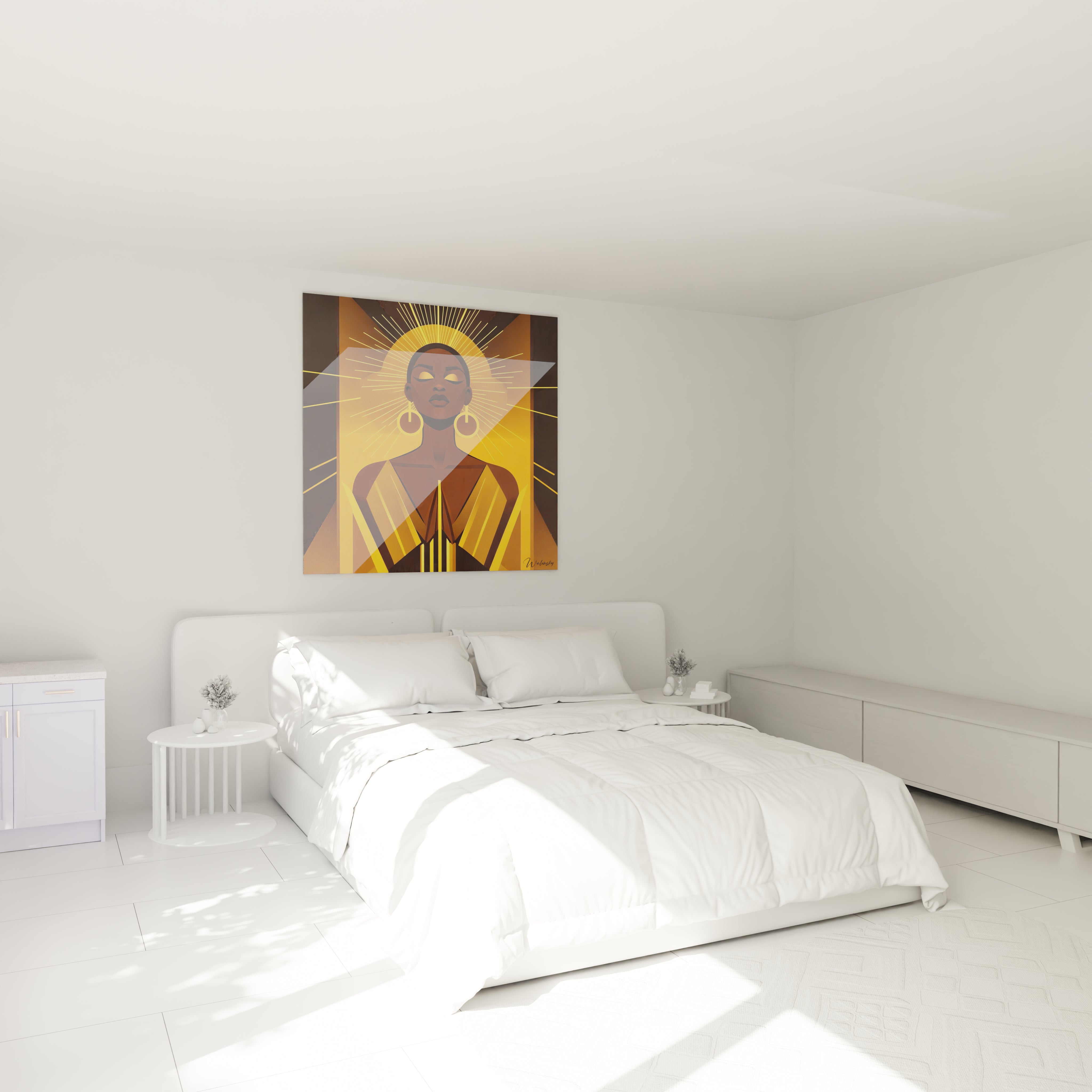 Tableau africain mural Walensky représentant un panda rouge suspendu au mur d'une chambre moderne blanche