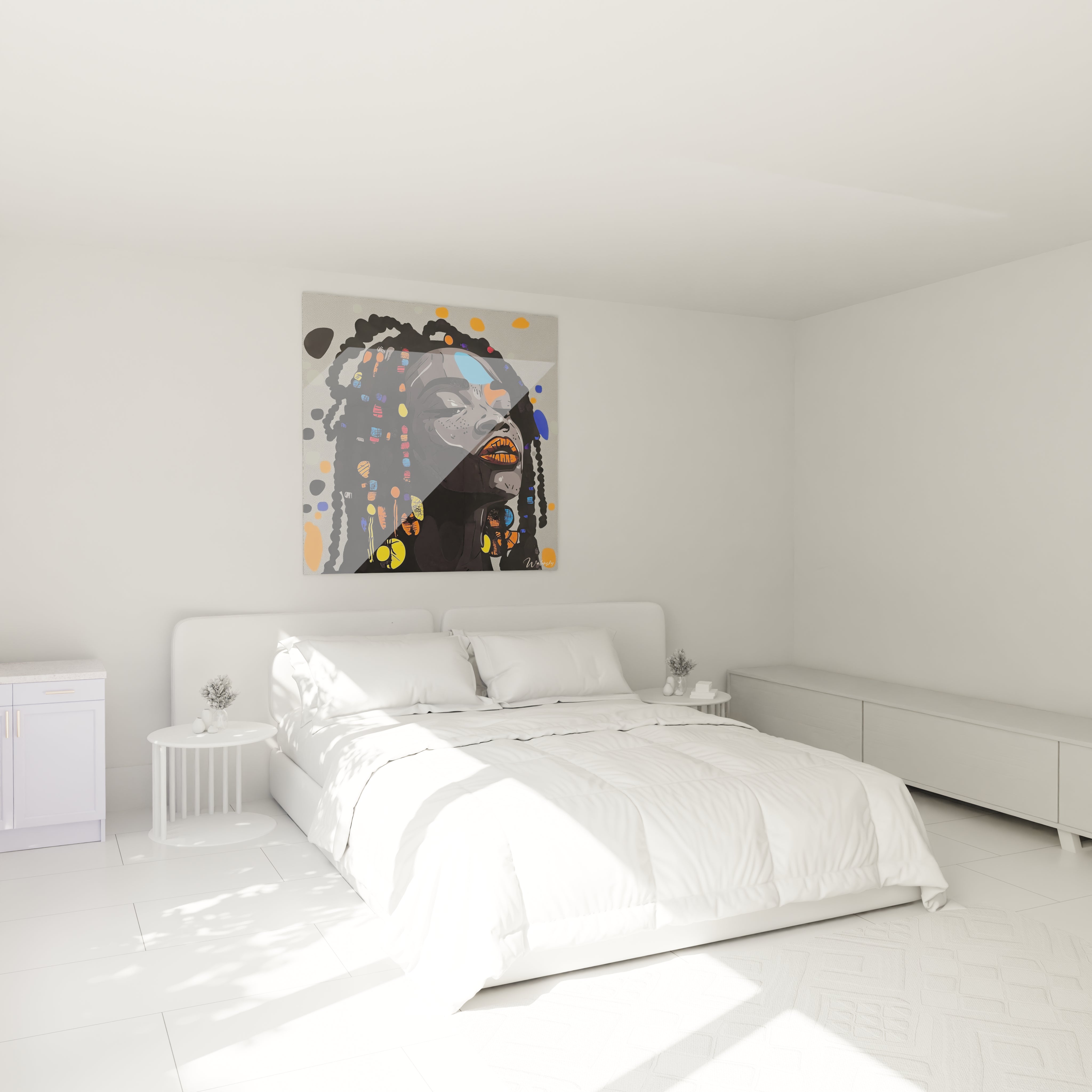 Tableau africain mural Walensky représentant une femme noire avec des couleurs vives au-dessus d'un lit blanc dans une chambre moderne