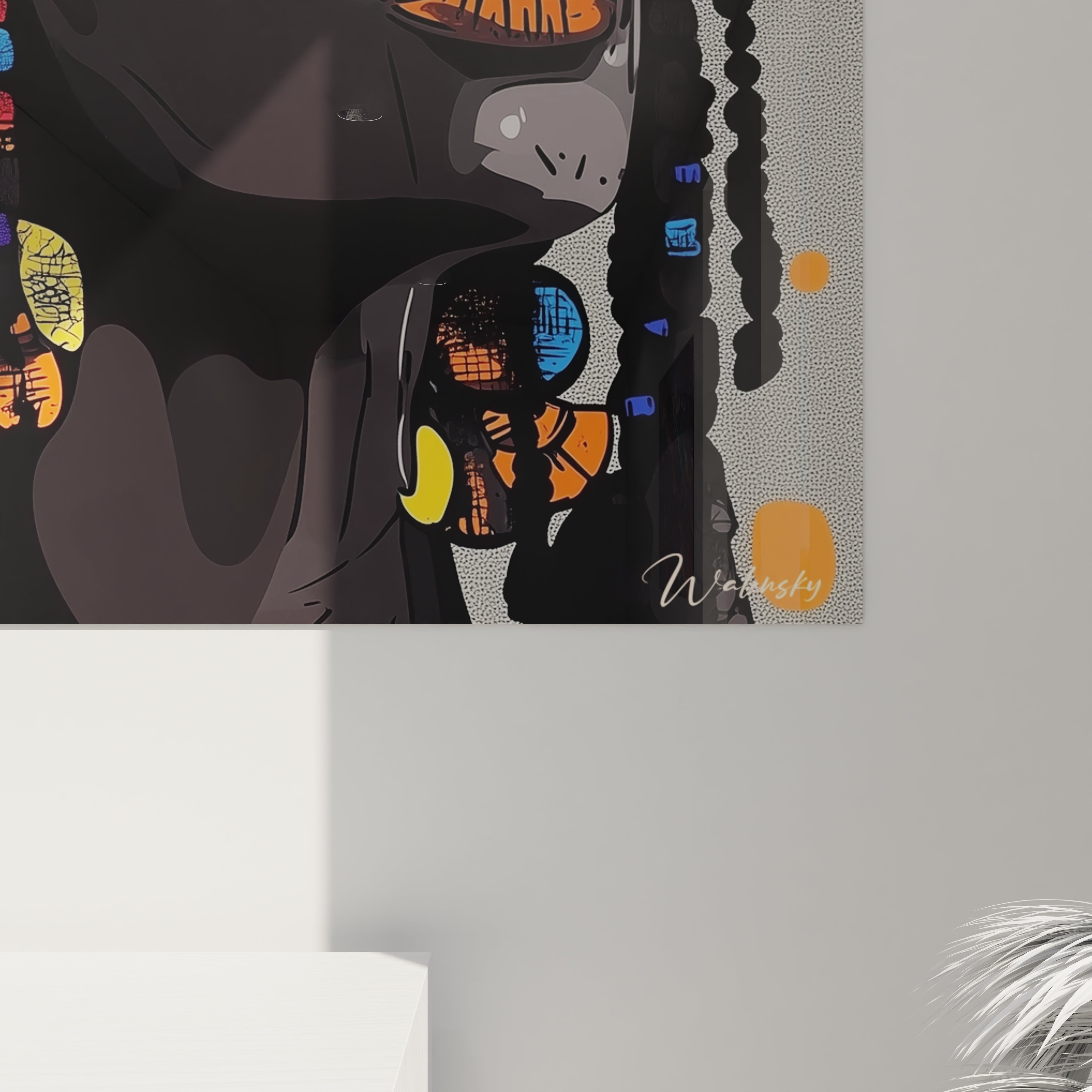 Tableau africain mural coloré signé Walensky avec motifs vibrants et détails abstraits sur fond clair