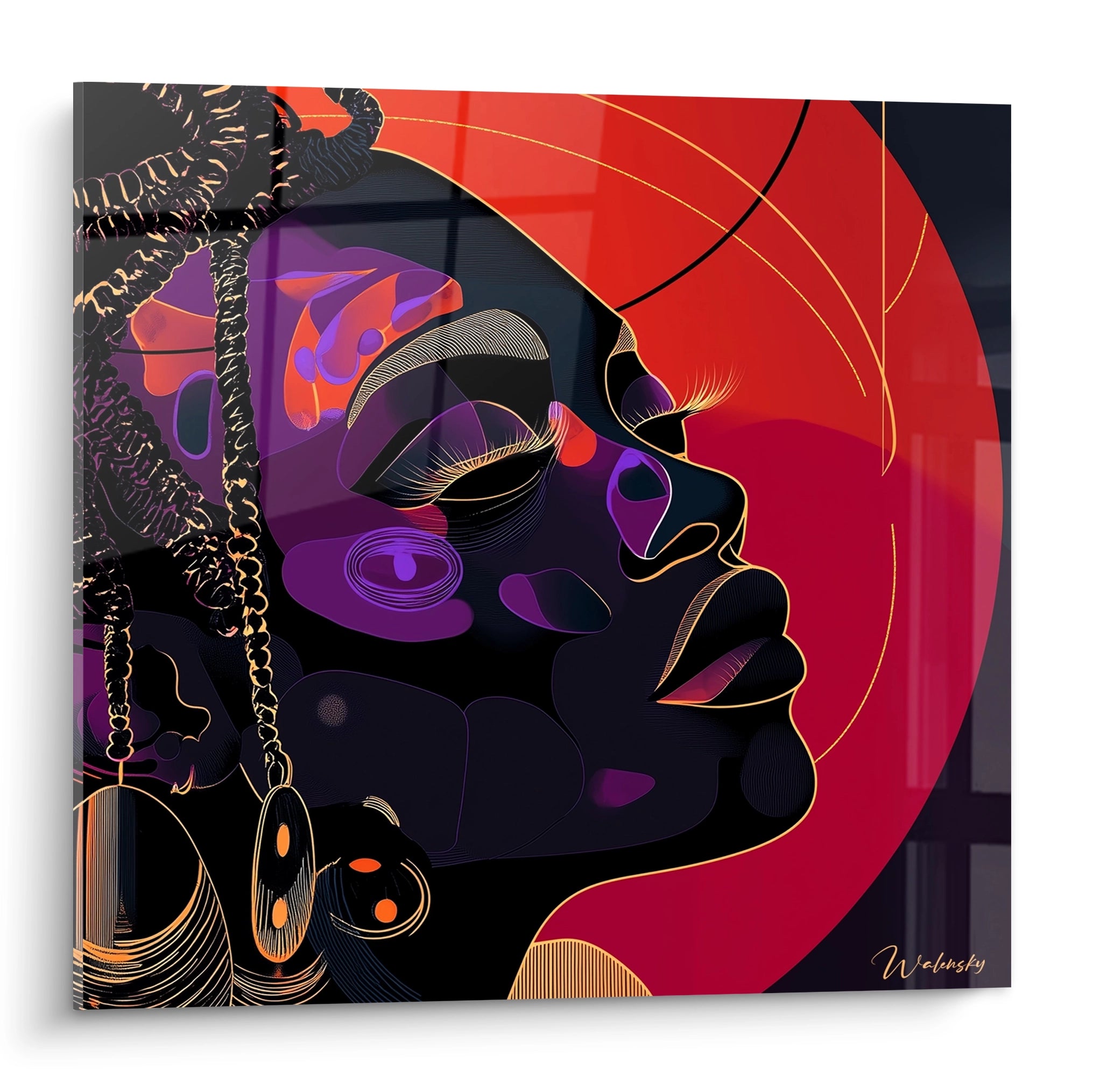 Tableau africain mural Walensky portrait stylisé femme noire avec motifs colorés et fond rouge