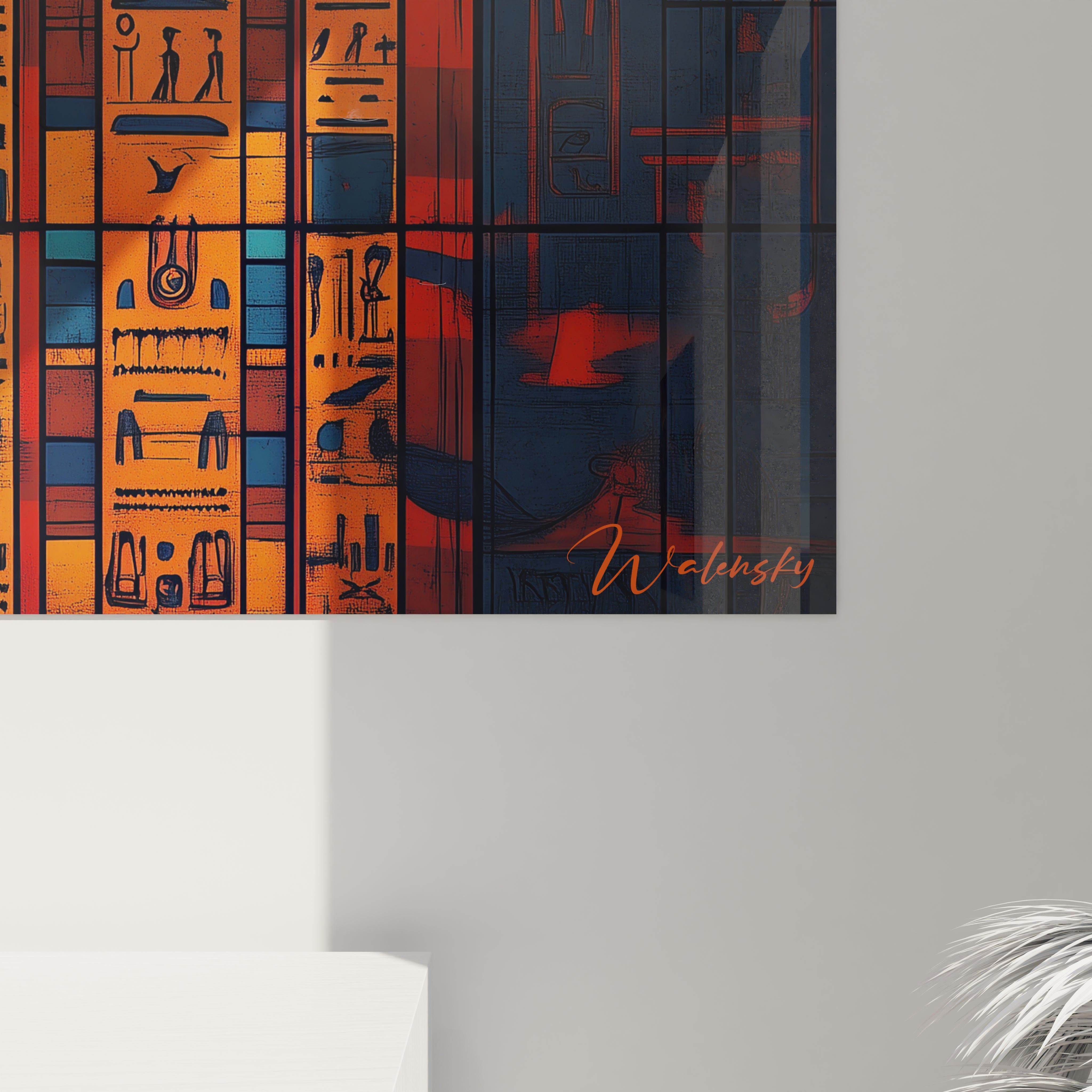 Tableau mural Égypte par Walensky avec motifs hiéroglyphes et couleurs orange foncé et bleu
