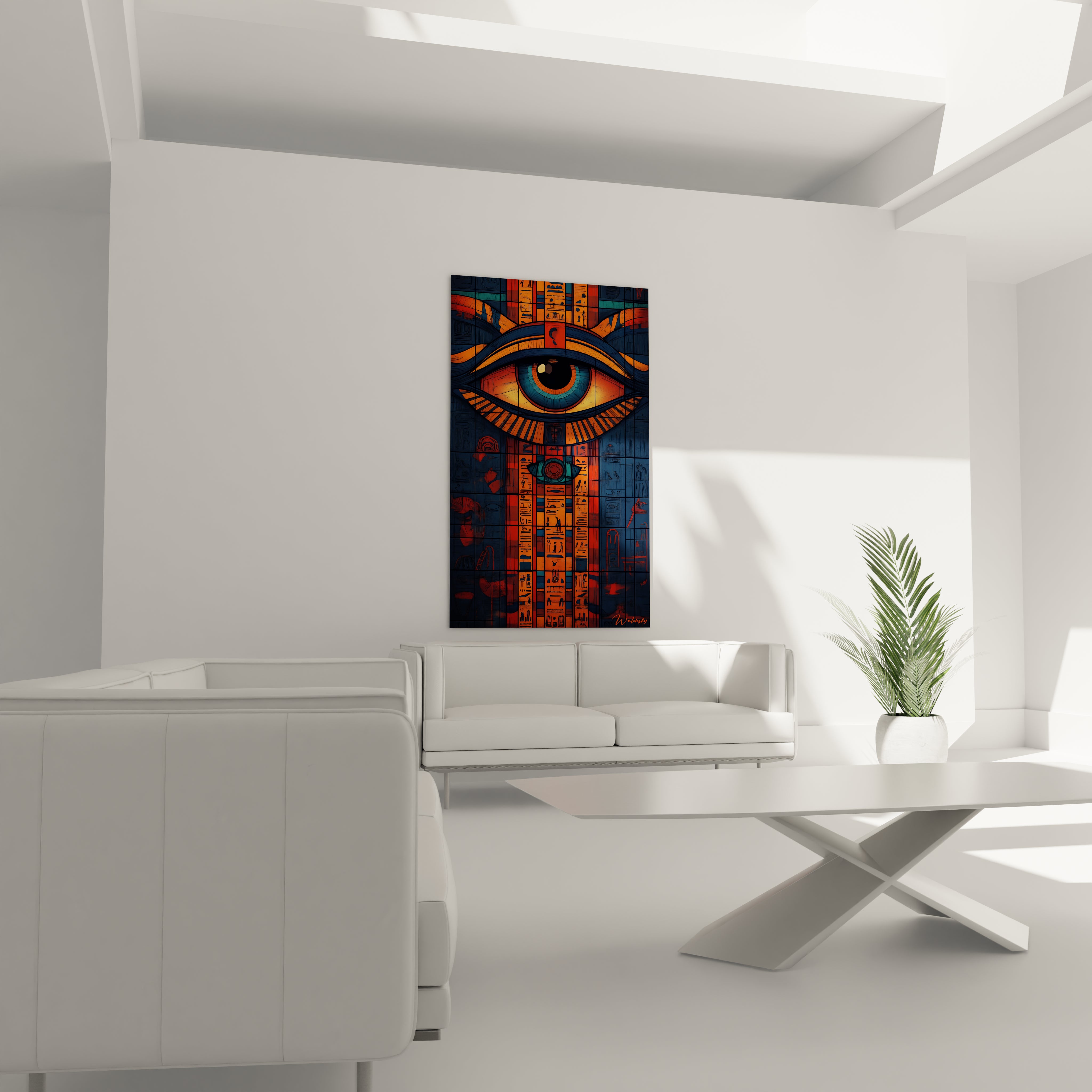 Tableau Egypte mural Walensky avec design œil ancien égyptien dans salon moderne blanc