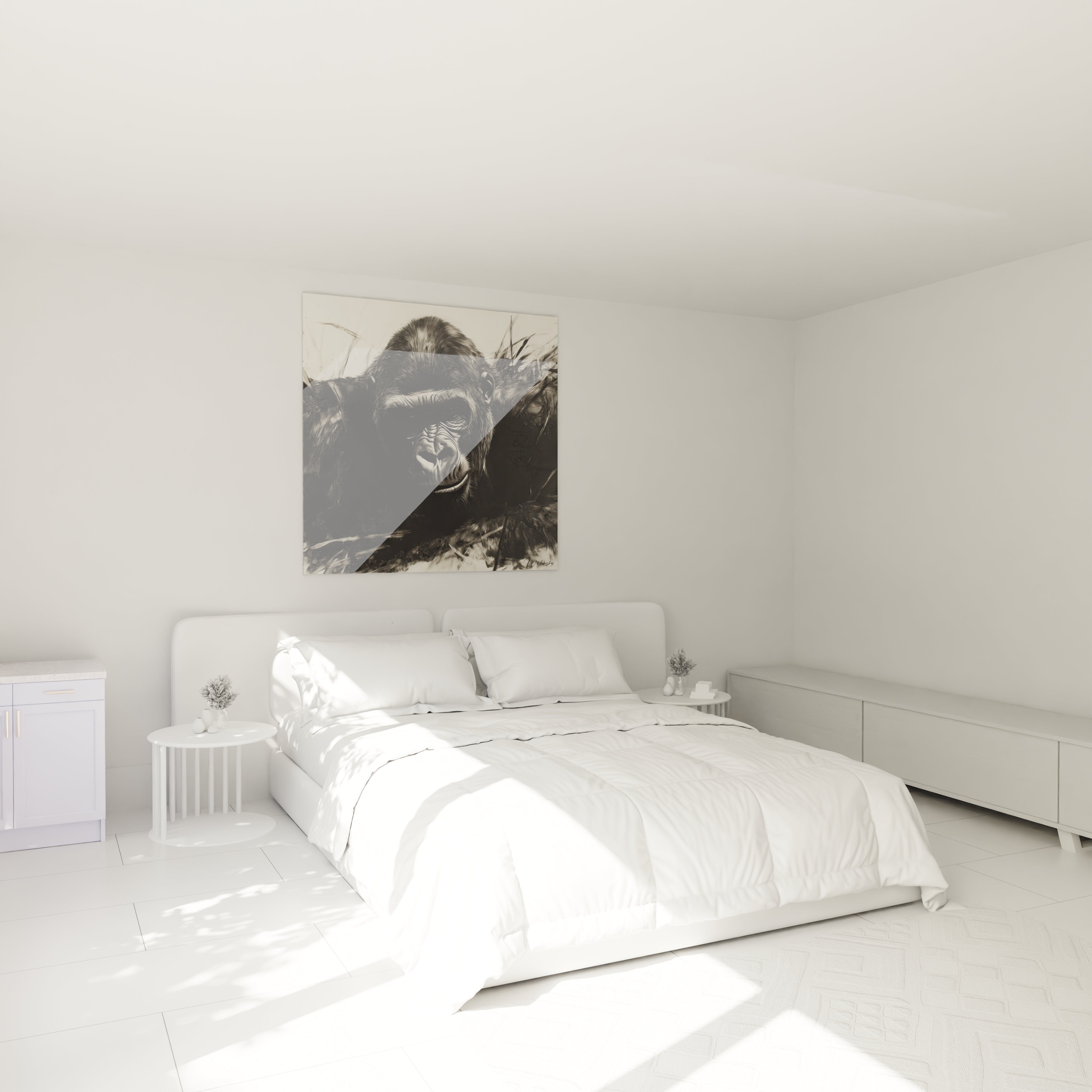 Tableau gorille de Walensky accroché au mur dans une chambre lumineuse et moderne