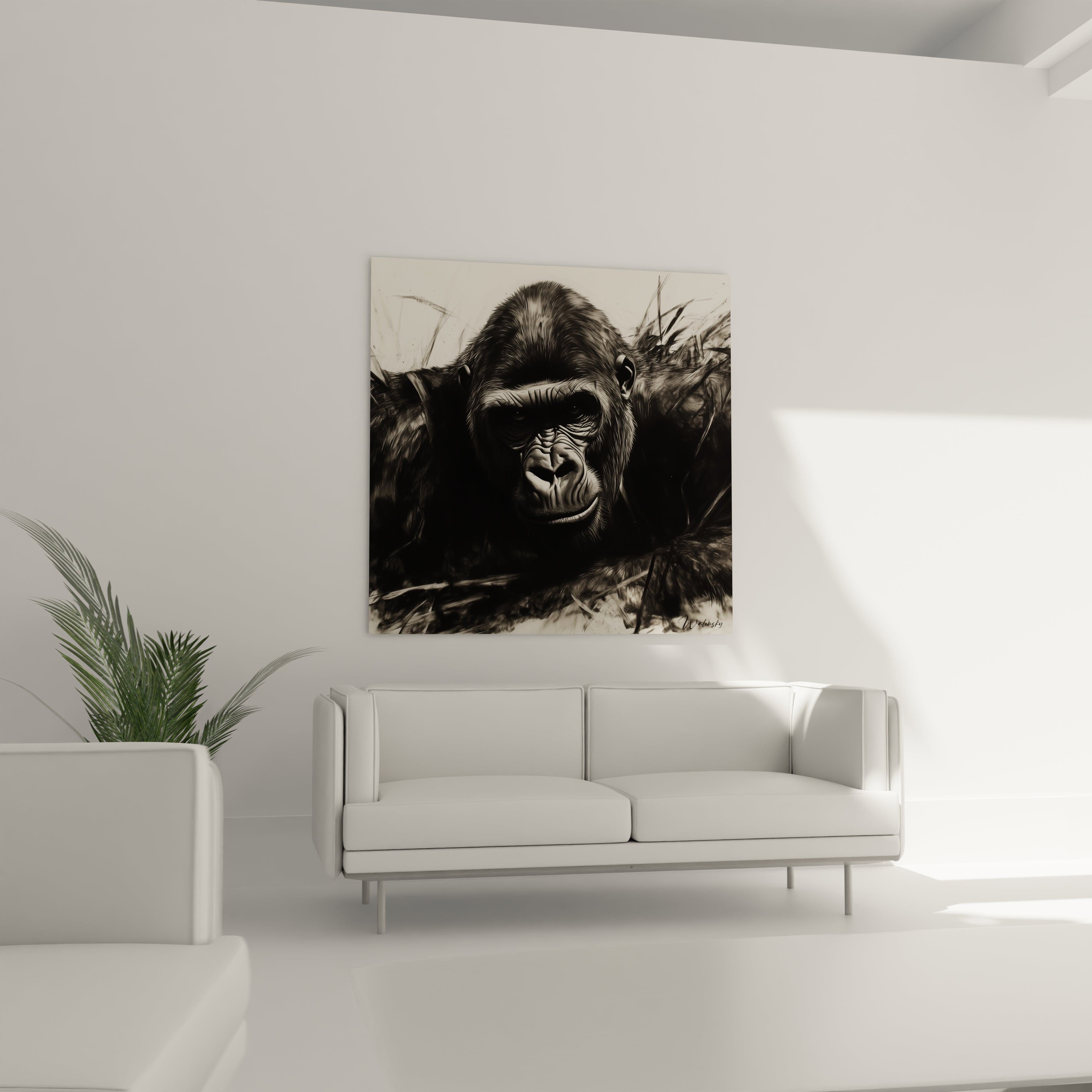 Tableau gorille en noir et blanc par Walensky, parfait pour une décoration intérieure moderne