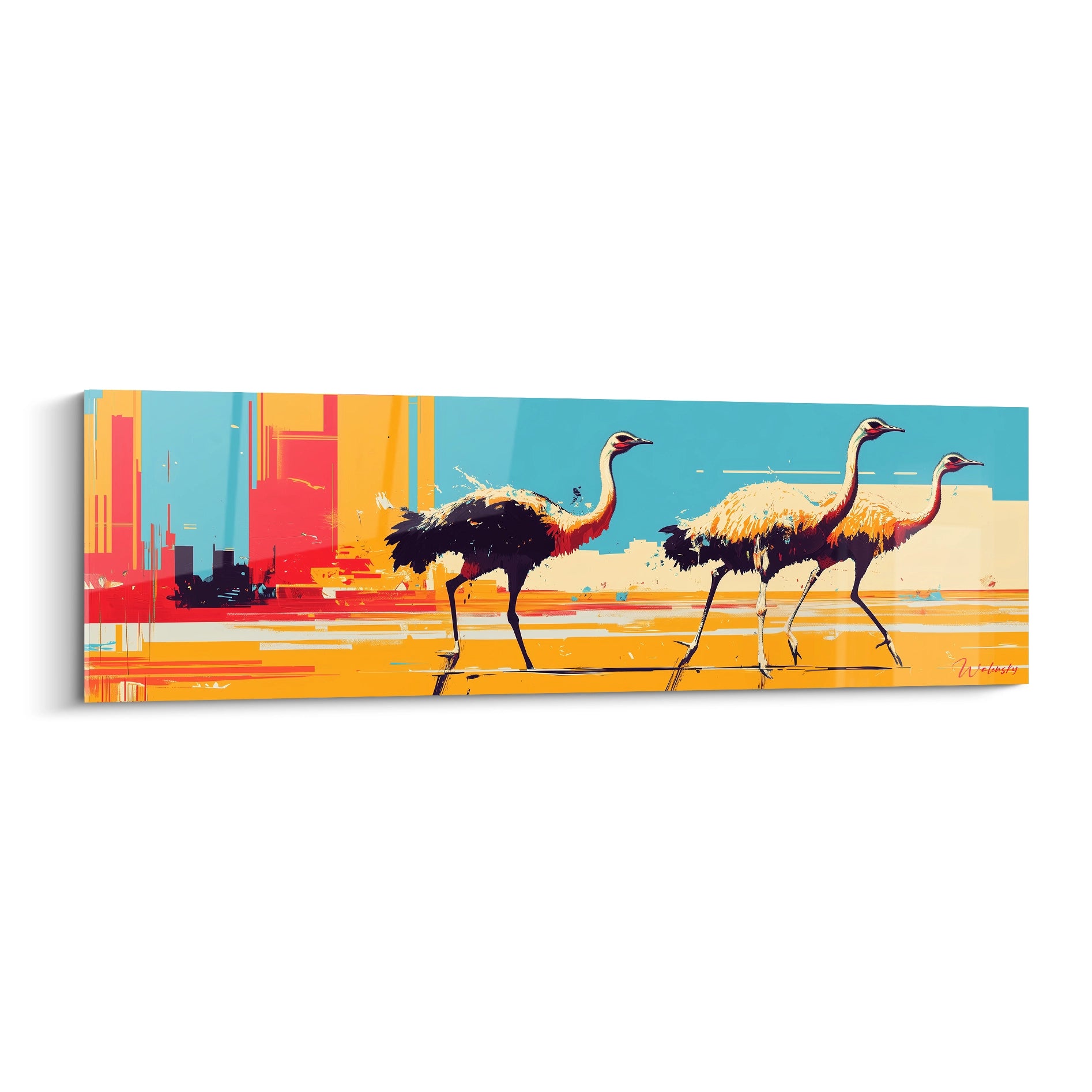 Tableau mural moderne représentant des autruches marchant sur une plage colorée de Walensky