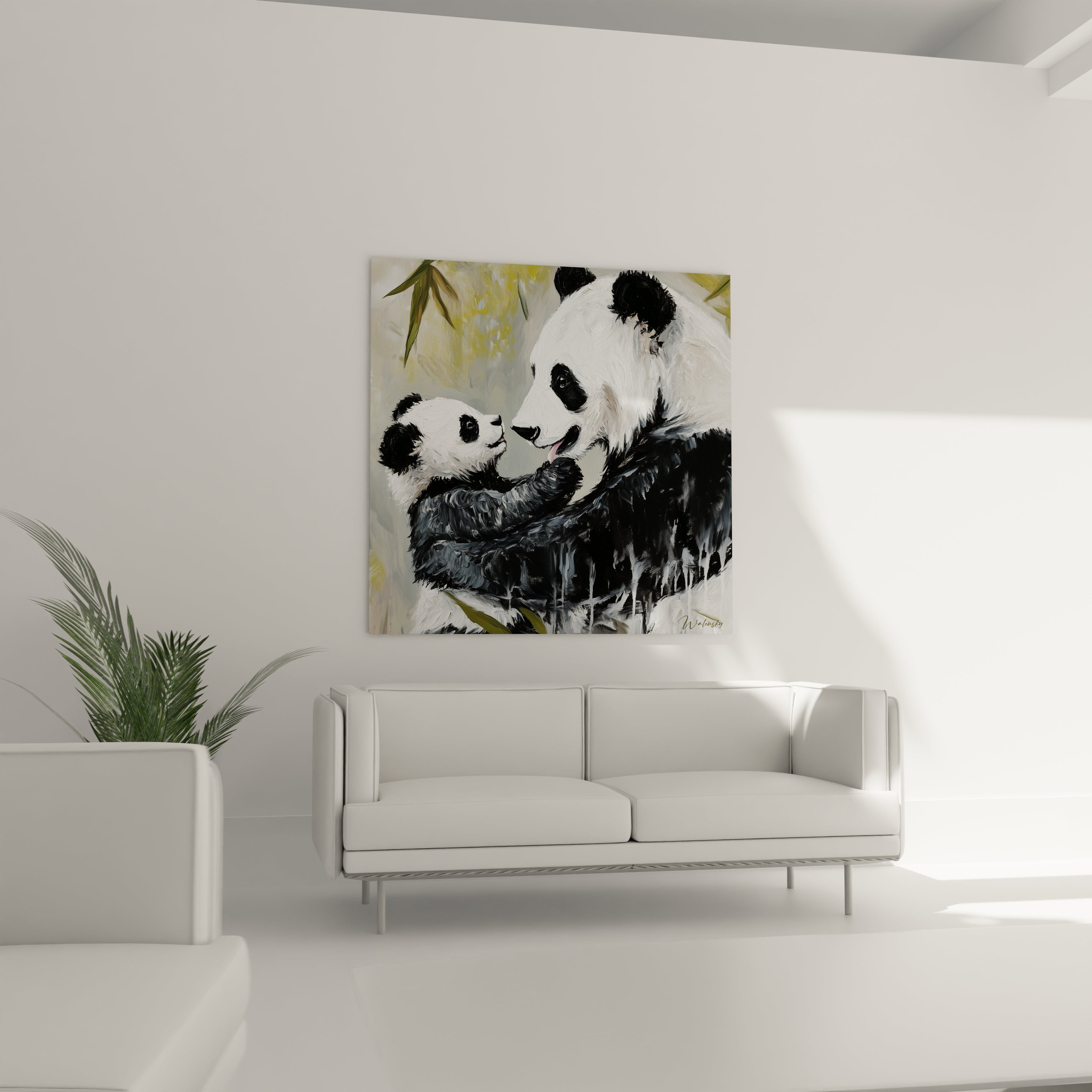 Tableau panda Walensky représentant un panda adulte et son bébé dans un salon moderne blanc