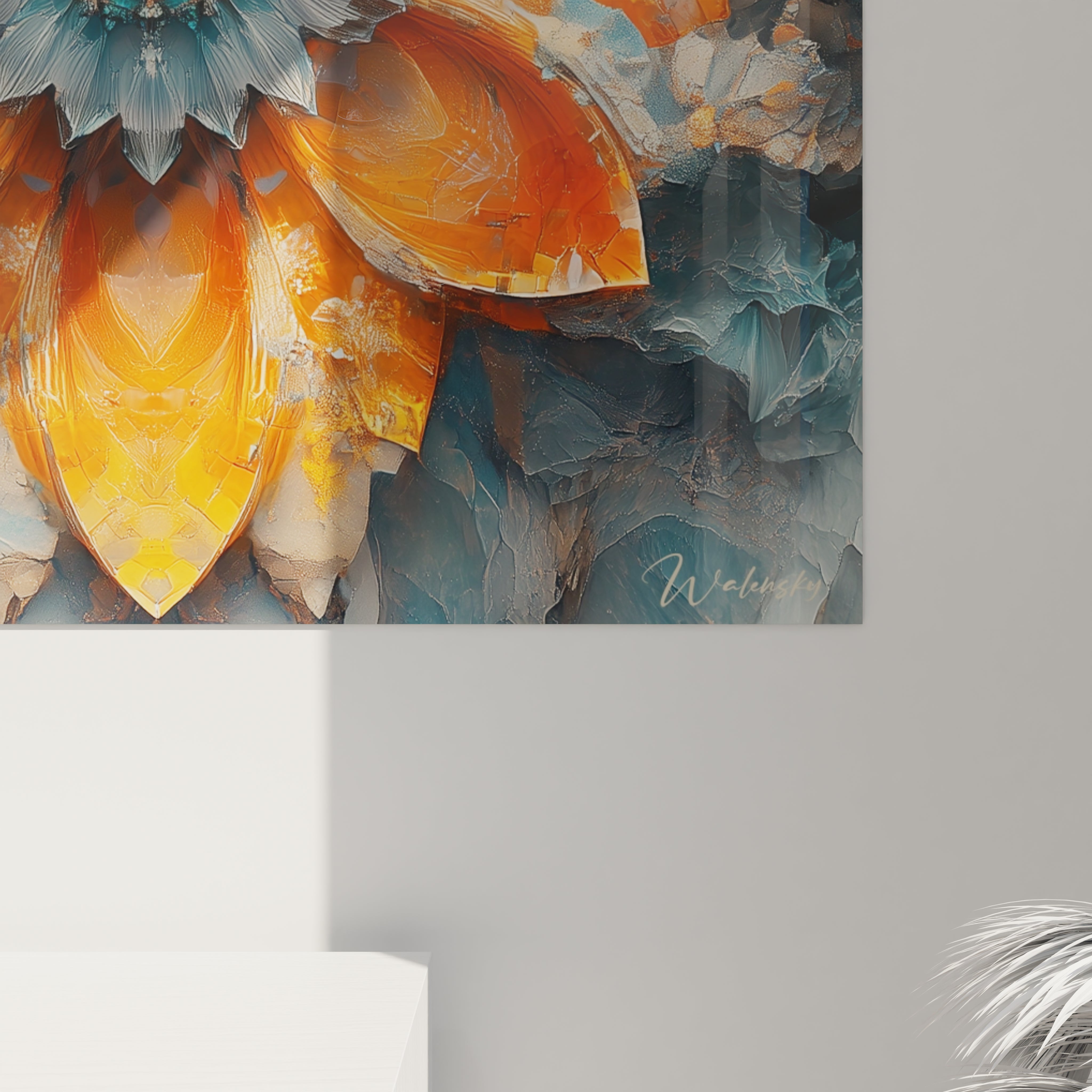 Tableau fleurs abstraites en orange et bleu de Walensky pour une décoration moderne