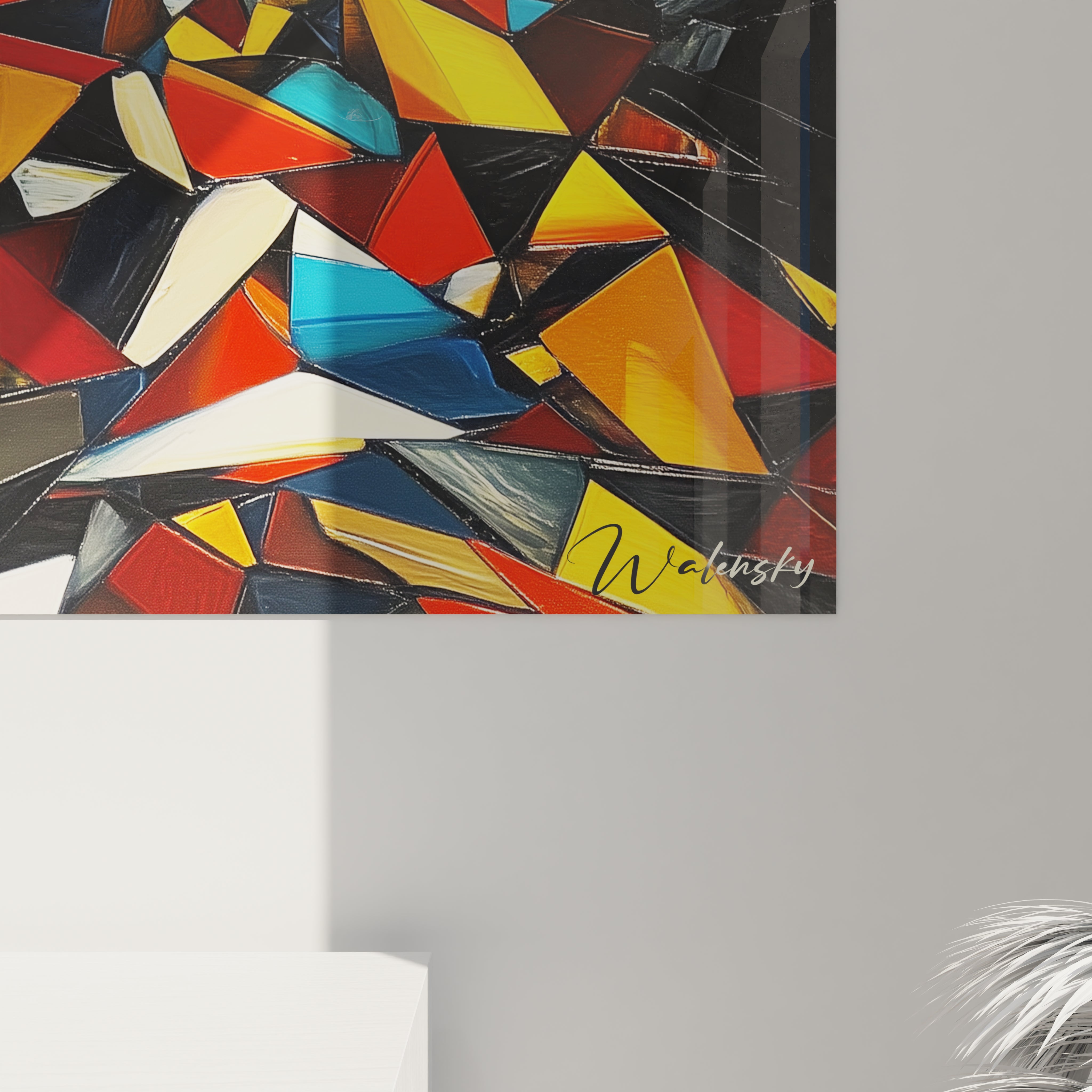 Tableau géométrique abstrait de Walensky avec des formes colorées en rouge, jaune et bleu