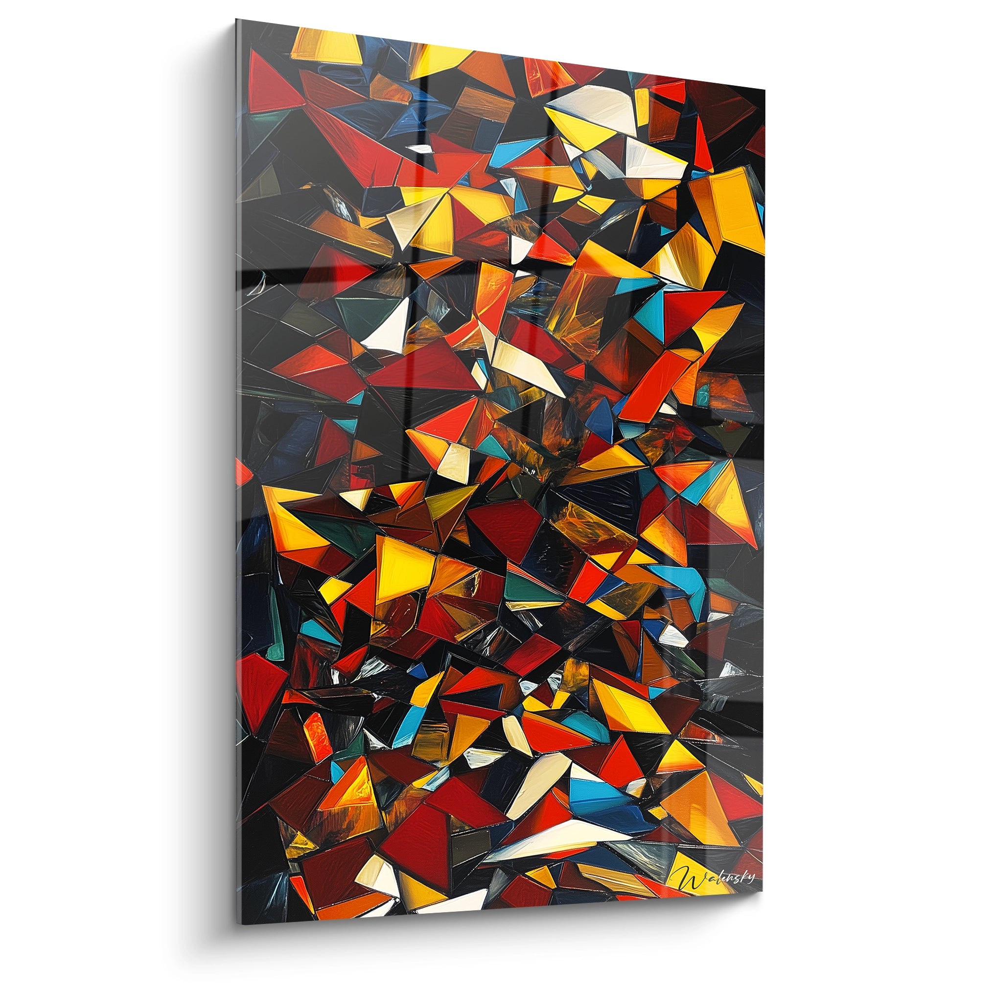 Tableau géométrique abstrait de Walensky avec des formes colorées en rouge, noir et jaune